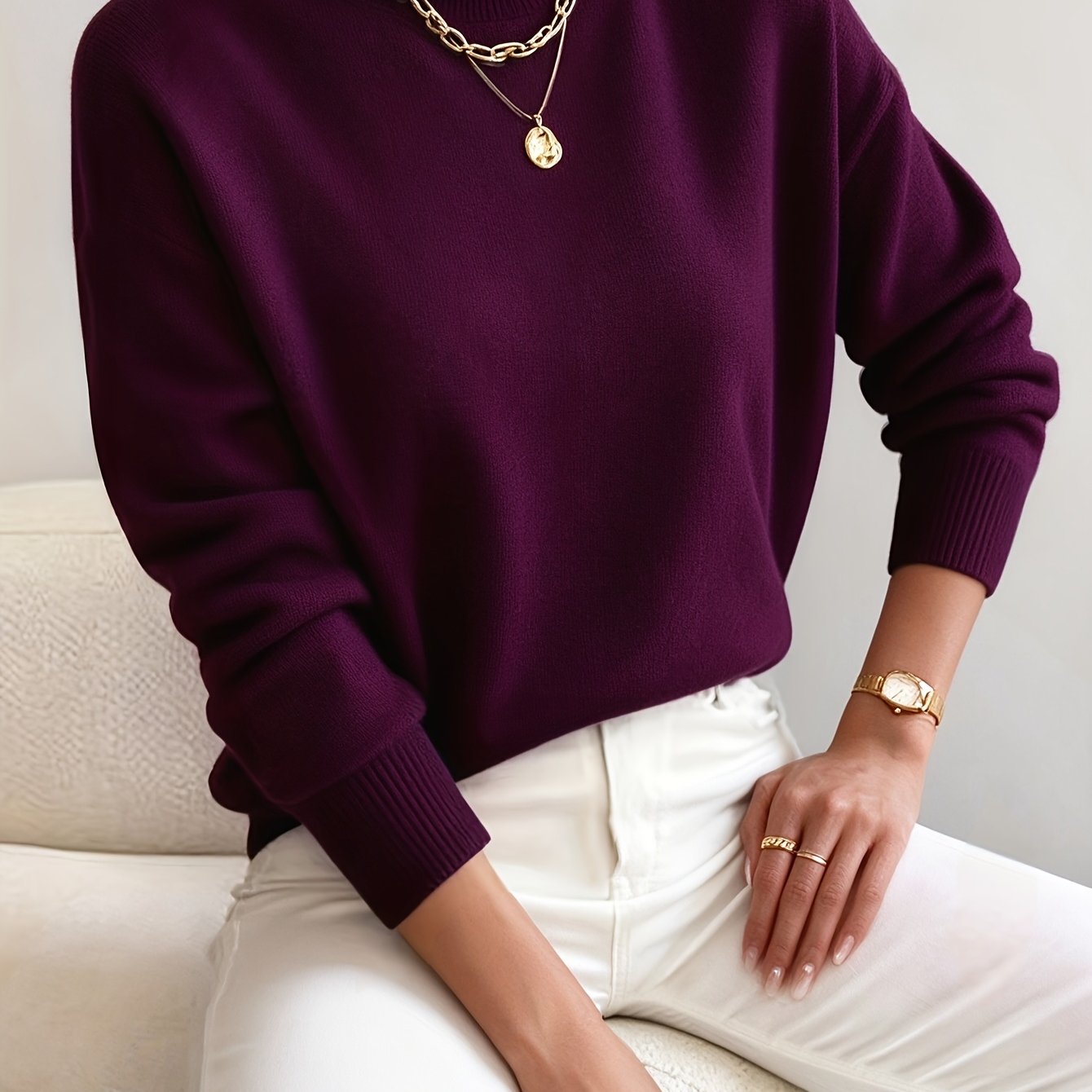 TEMU New Women's Mid-neck Pullover Sweater, Solid Color Versatile Women's Top Women's Sweater