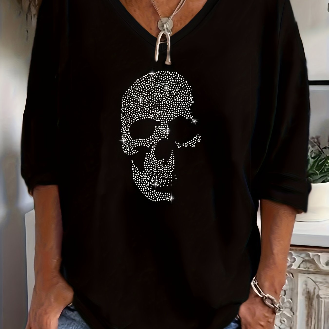 Image of Plus Size, Plus Size Women's Rhinestone Skull V-neck T-shirt 3/4 Sleeve Sparkle Graphic Top, Soft & Machine-washable Fabric, Trendy Vacation-ready Casual Wear