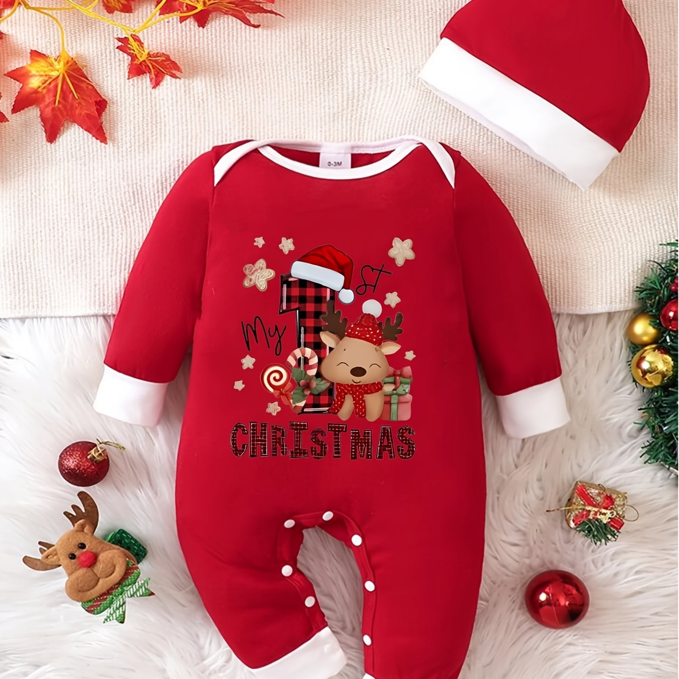 Image of Spring/autumn Style Infant And Toddler Unisex Round Neck Cartoon Print Romper With Hood, Christmas Holiday Edition, Developed, Perfect For Outdoor