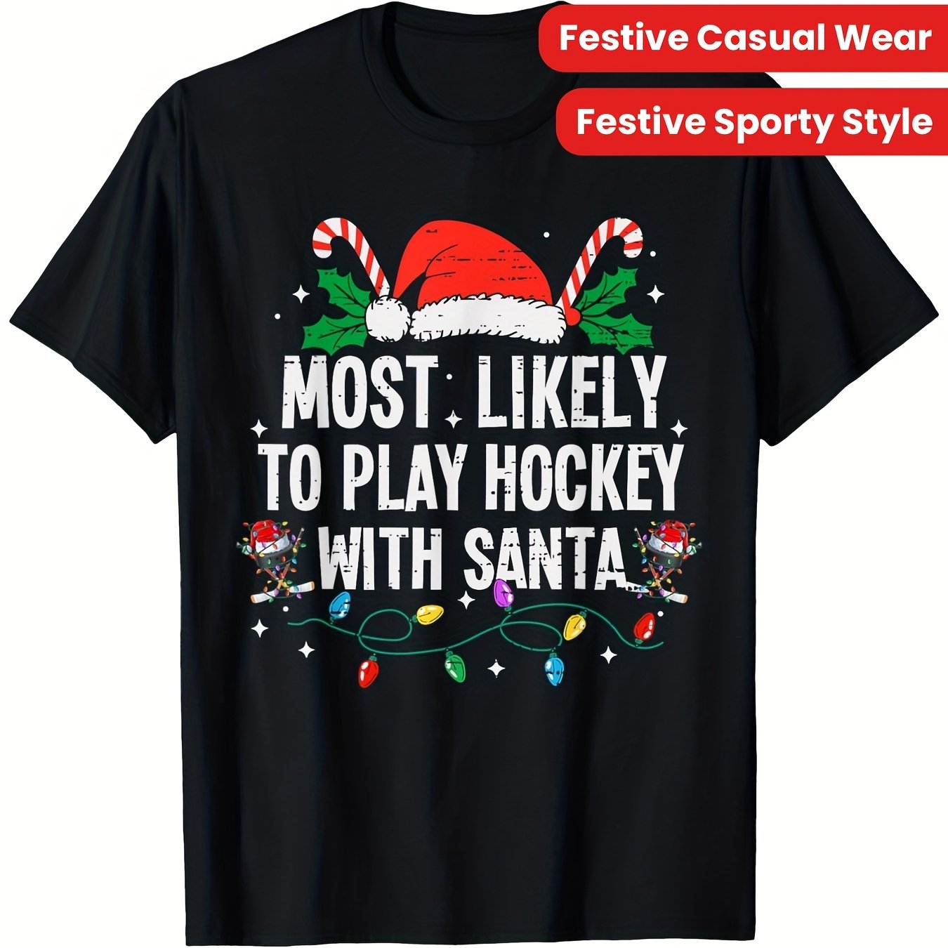 TEMU T-shirt de Noël humoristique « qui jouera probablement au hockey avec le Père Noël » - T-shirt rétro ample à manches courtes avec bonnet du Père