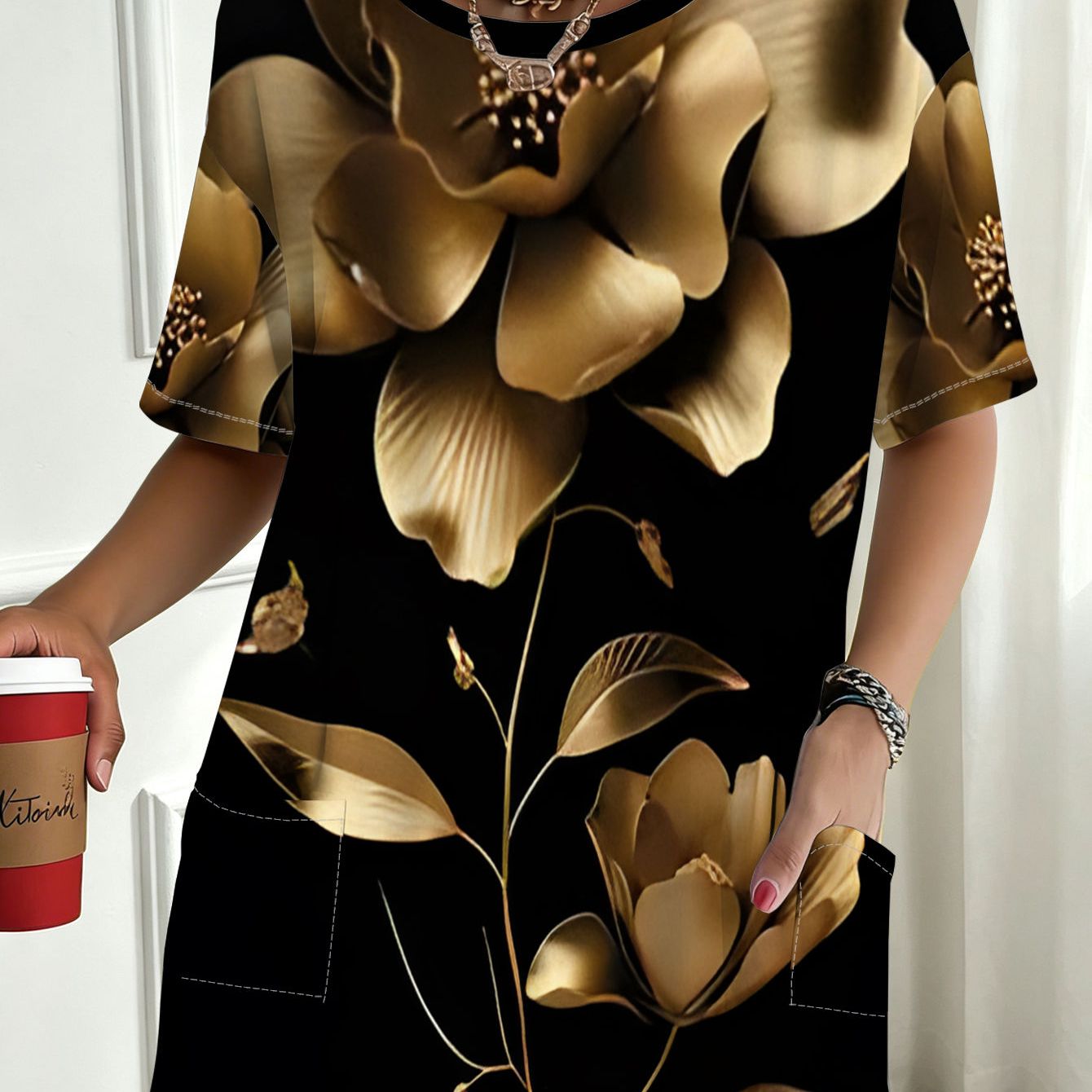 TEMU 1pc With Golden Floral Print, , Daily Commuting, Beach Vacation, Casual Gatherings, Skin-friendly, Washable, Loose Fit, Short-sleeve T-shirt,