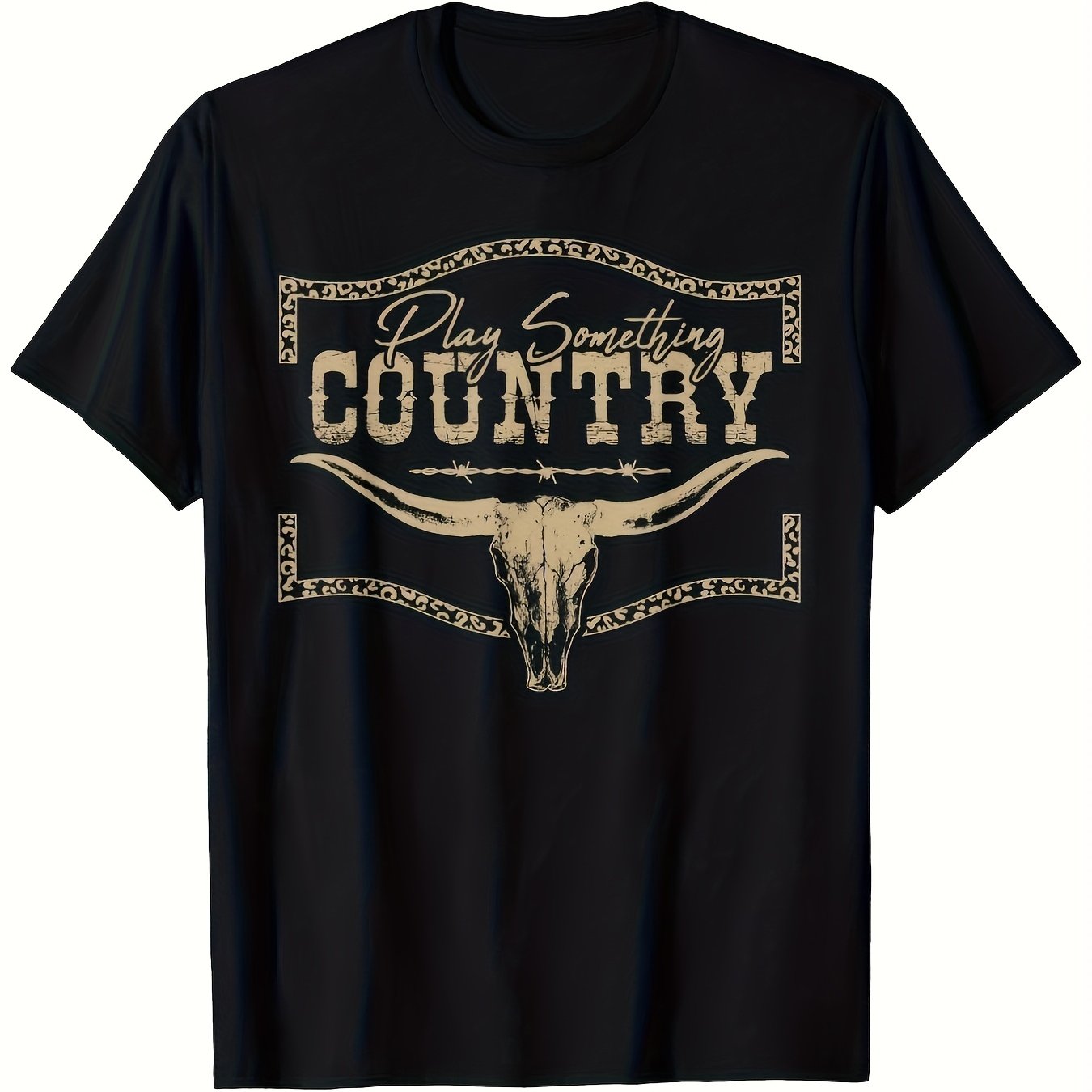 TEMU Men's Heavyweight Vintage Skull & Cowboy T-shirt - Black/beige Country Music Graphic With Bull Horns Design, Stretch Fabric Crew Neck Short