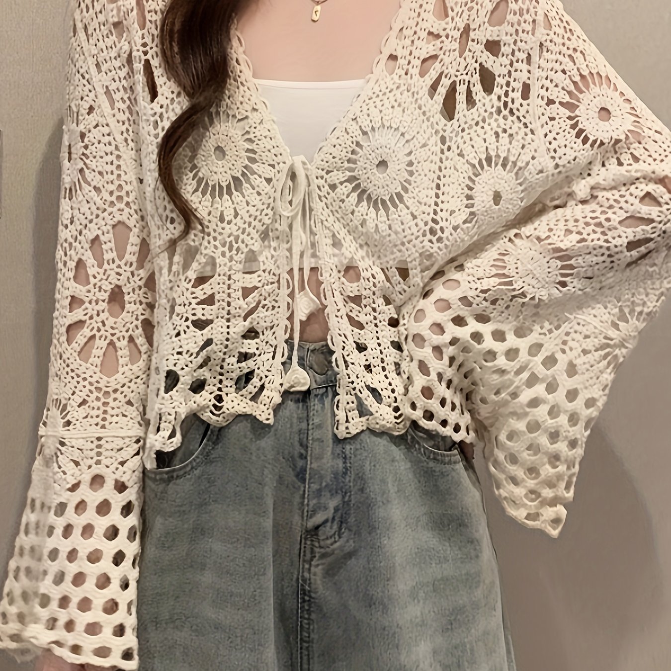 TEMU Hollow Out Cardigans, Casual V-neck Cardigans, Elegant Casual Vacation Women's Cardigans, Embroidered Hollow Out Versatile Long Sleeved Short