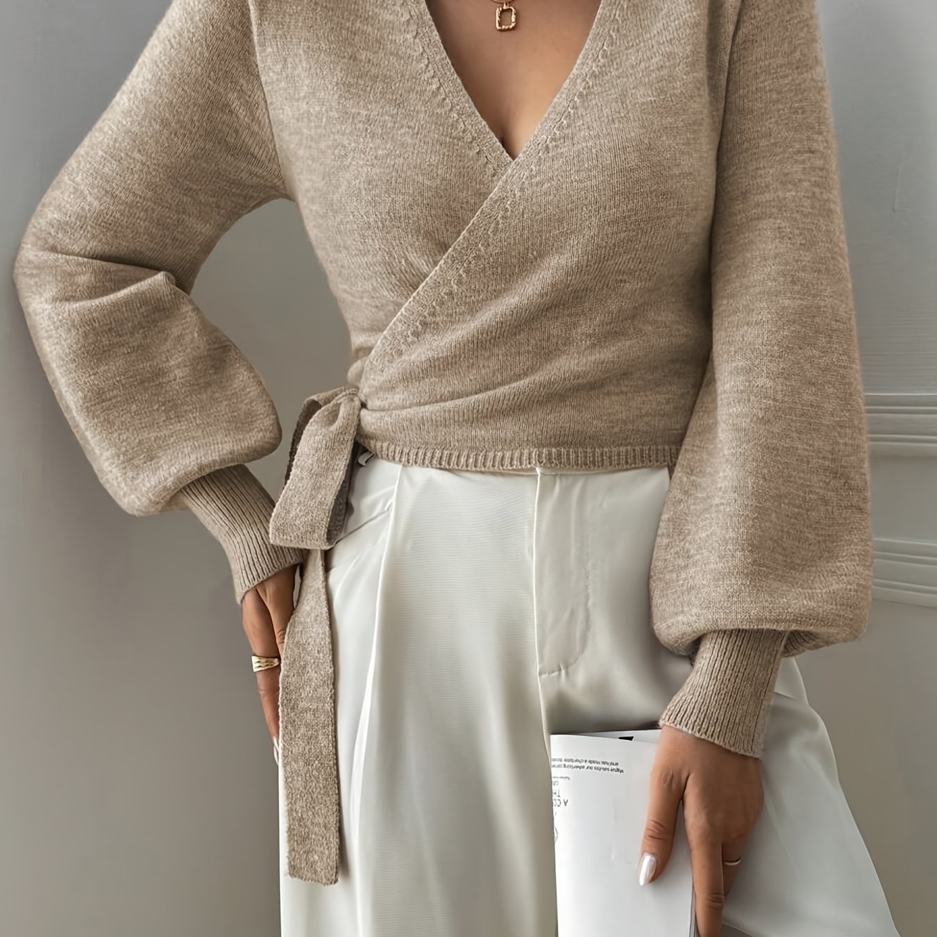 TEMU Women's Autumn/winter Casual Fashionable Temperament Gentle And Elegant Everyday Commuting Versatile Simple Solid Color Cross V-neck Side Tie