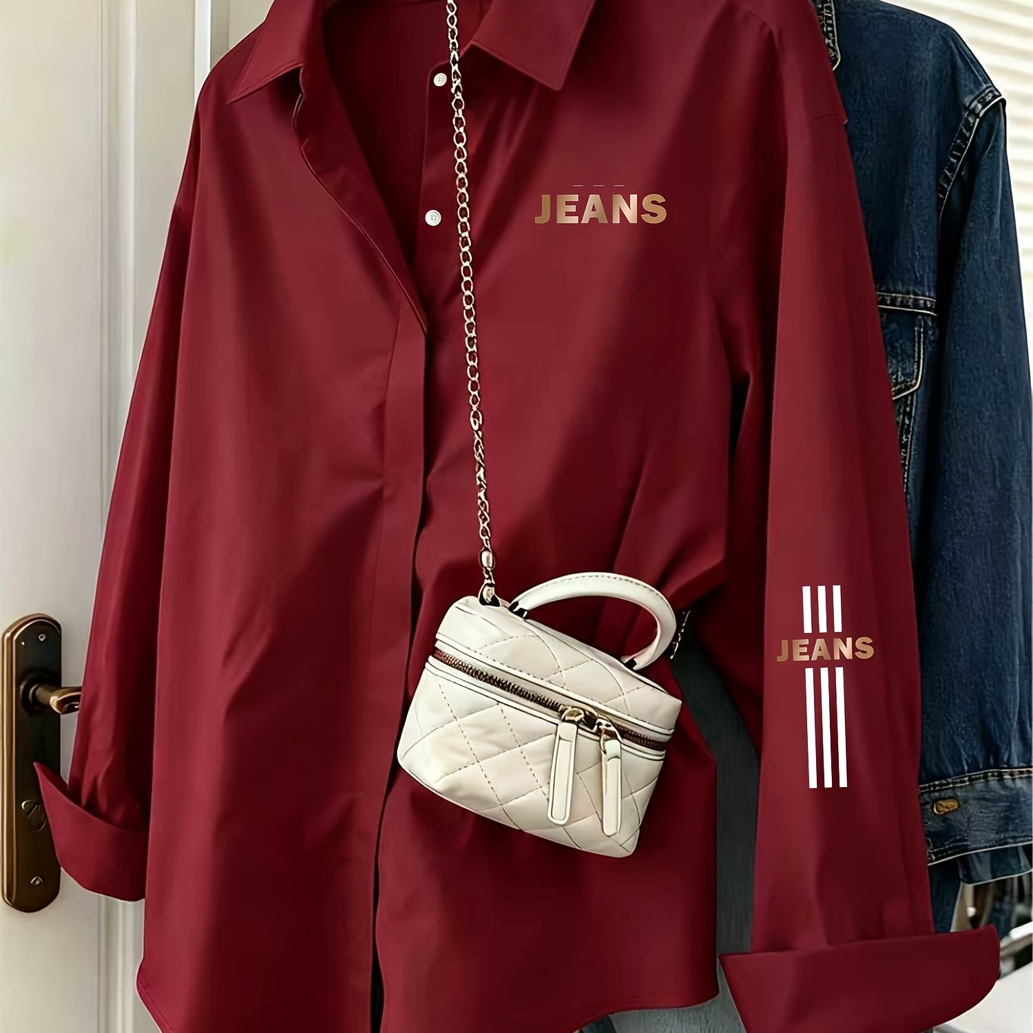 TEMU Easy Premium Hot-stamped Jeans Letter Print Shirt, Casual Flowing Versatile Layering Cardigan Top