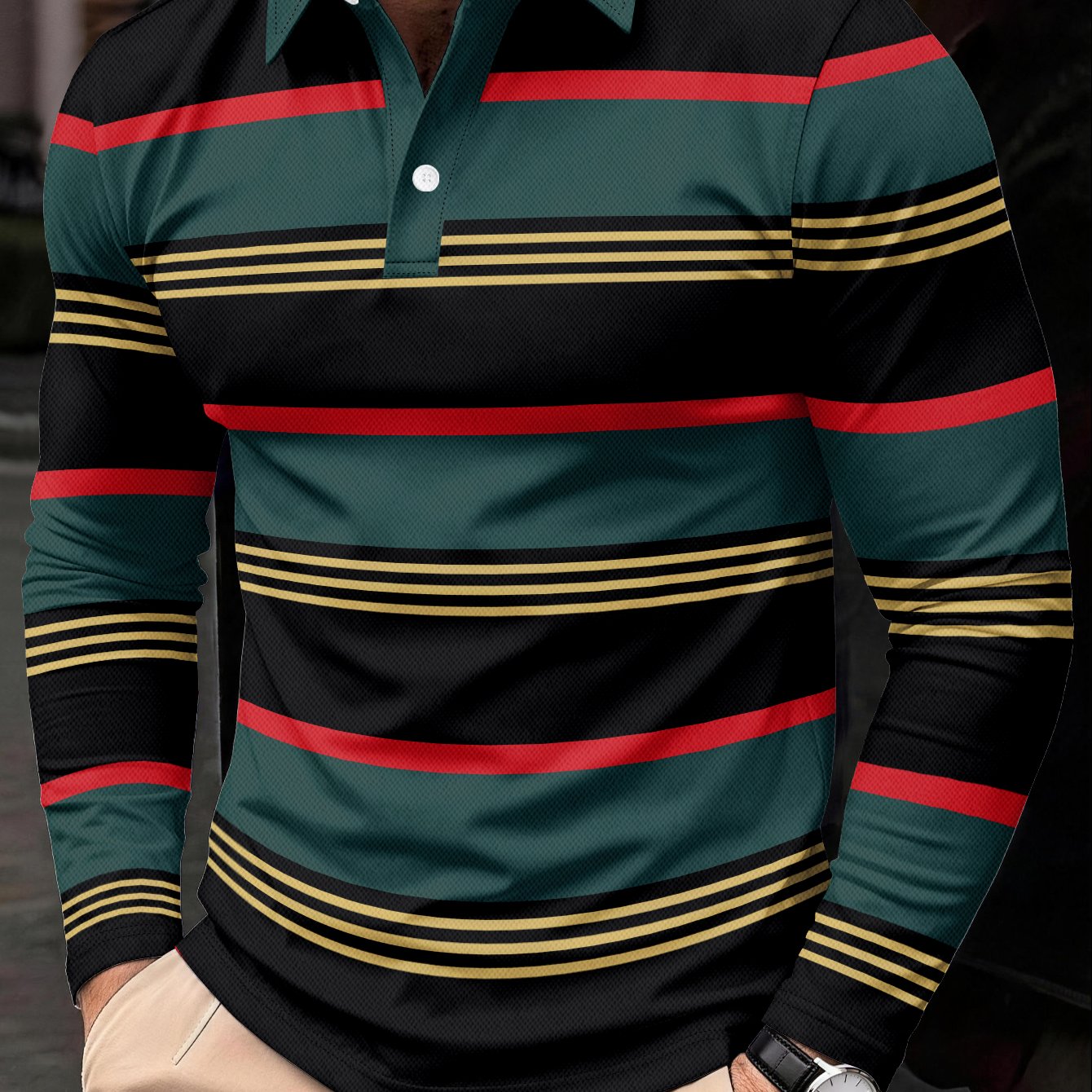 TEMU [print Design - Not Textured / 2d Printing] Men's Long Sleeve Shirt, Black Golden Contrast Outing, Casual Size Men's Long Sleeve Shirt
