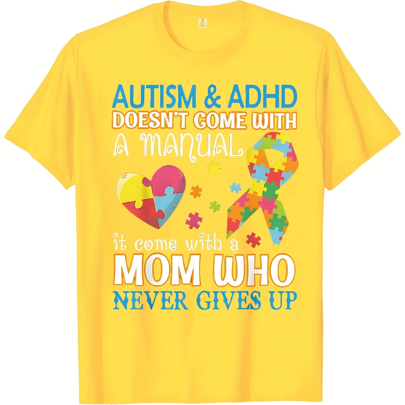 TEMU Autism Awareness Mom T-shirt - "it Come With A Manual, It With A Mom Who Never Up" Design, Casual Crew Neck Short Sleeve, Machine Washable,
