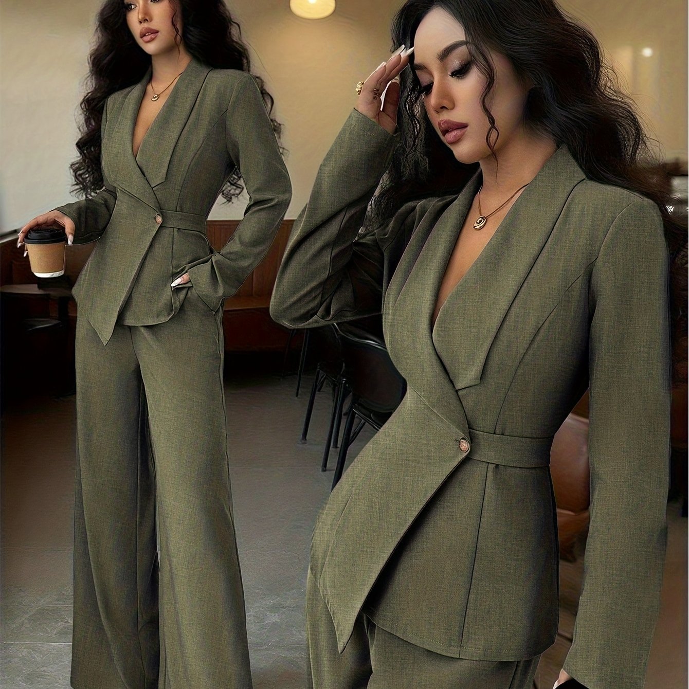 TEMU Latest Solid Color Long-sleeve Suit Set   Trousers, Elegant Style, Single Layer, No Lining