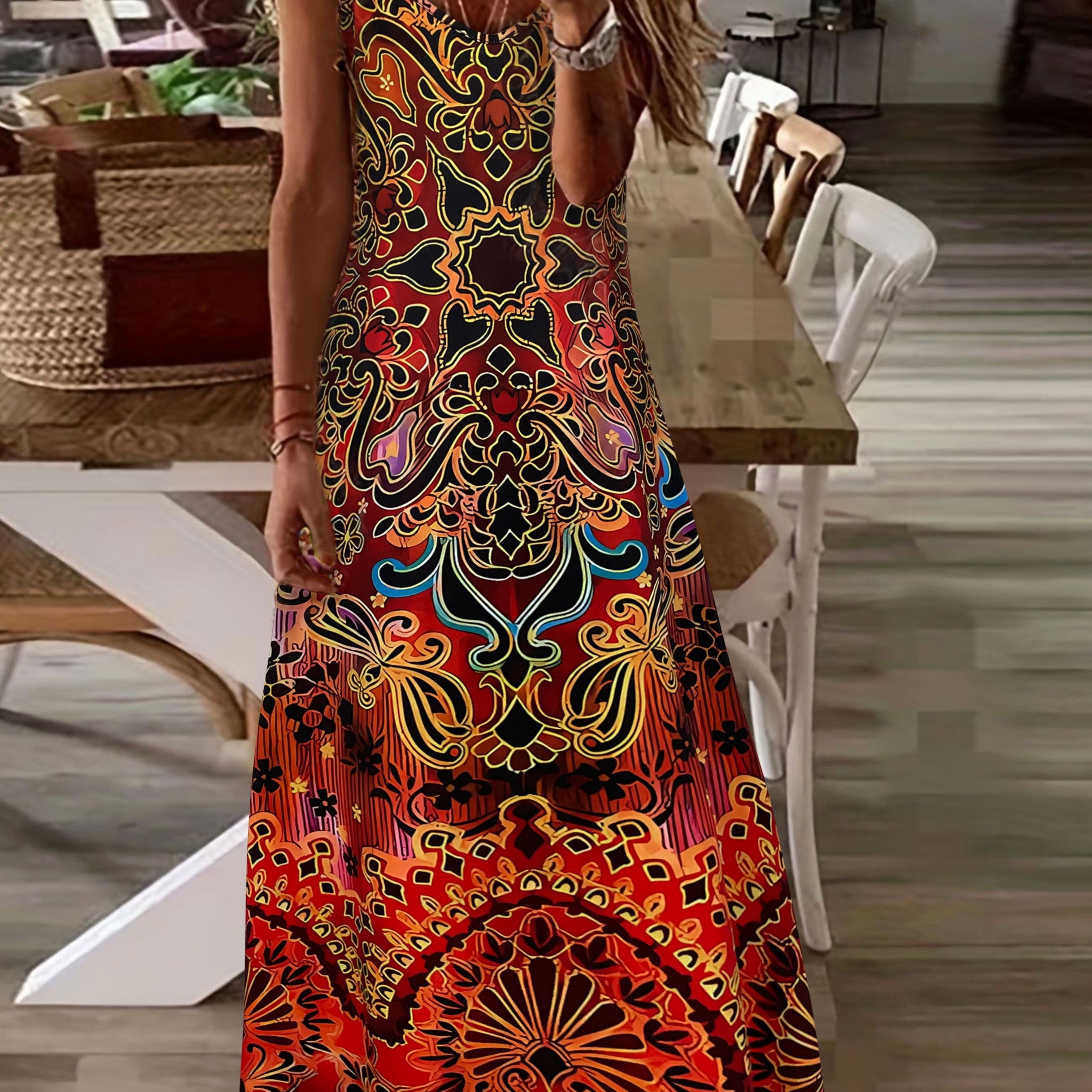 Tie Dye Print Maxi Dress Casual V Neck Spaghetti Strap Dress - Temu