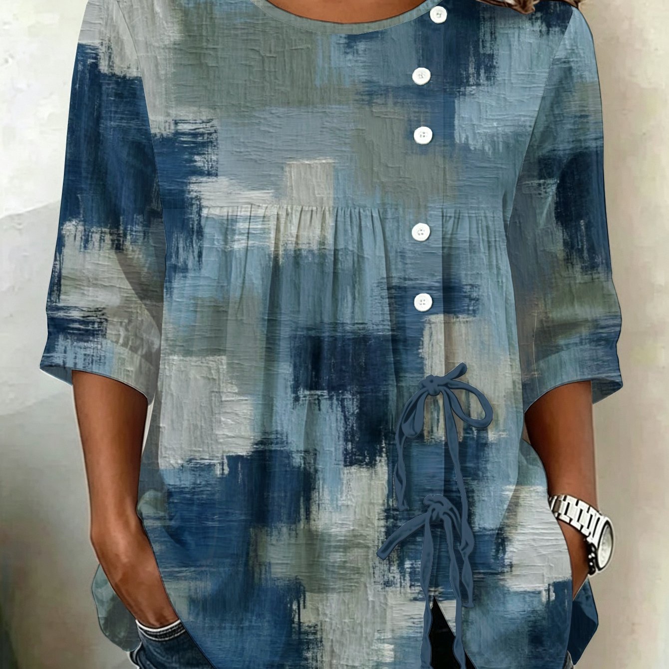 TEMU Plus Size, The Lacing Random Abstract Oil Painting Print Plus Size Womens Lace Up Top Oversized Longline Ladies Blouse Spring Summer Trend Blue