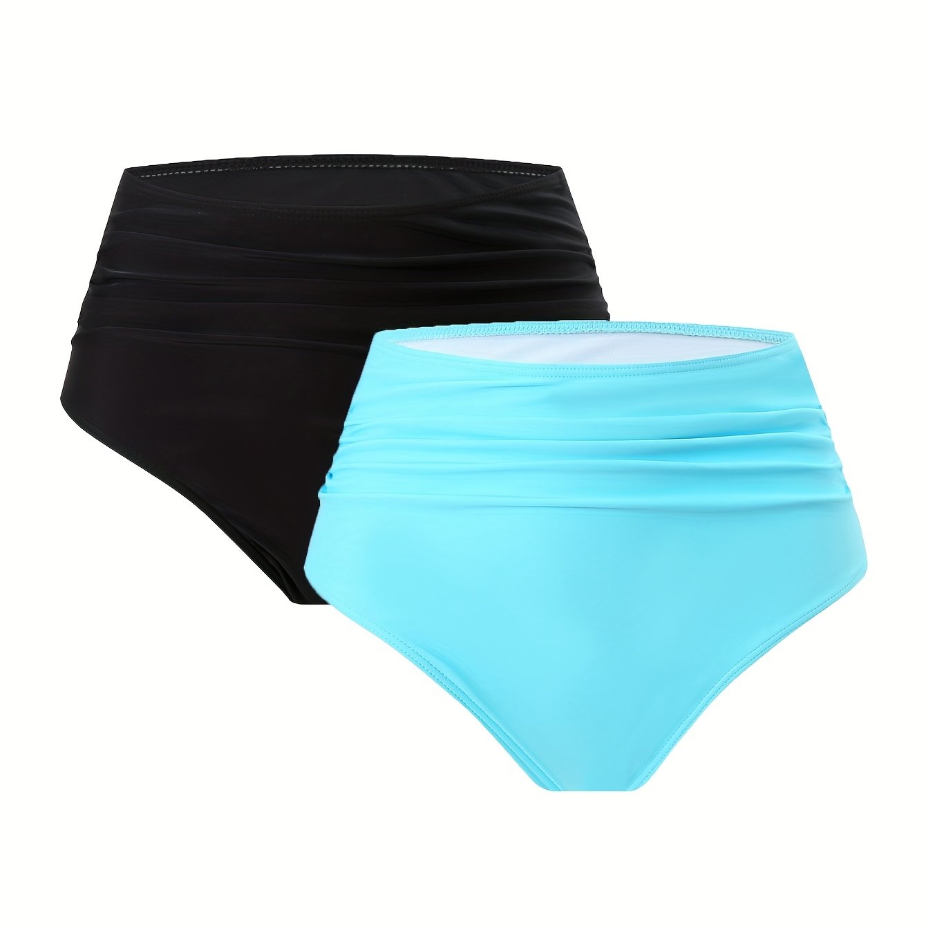 Summer Beach Vacation Solid Color High Waisted Pleated Triangle Pants Bikini Bottoms Blue Black Contrasting Two-piece Swimsuit For Women