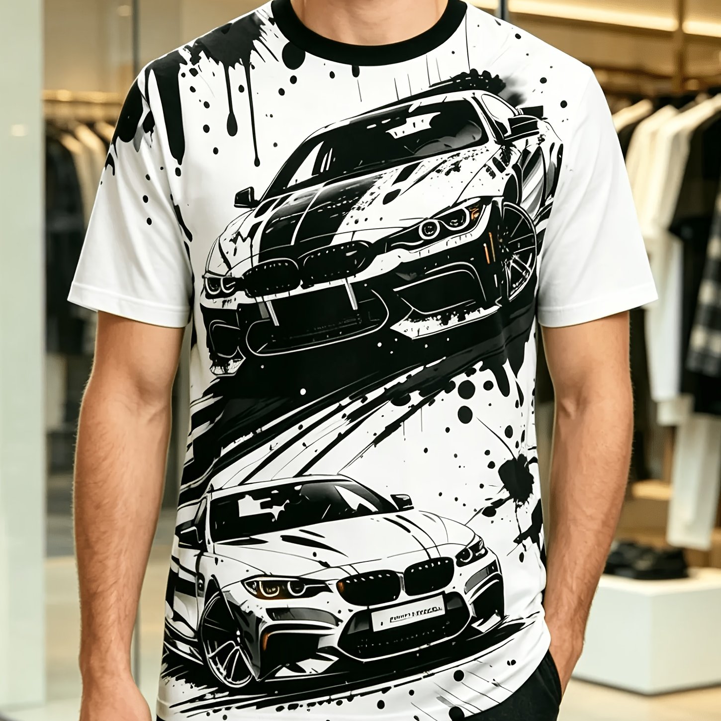 TEMU Men's All T-shirt - Black & White Sports Car Graphic Tee