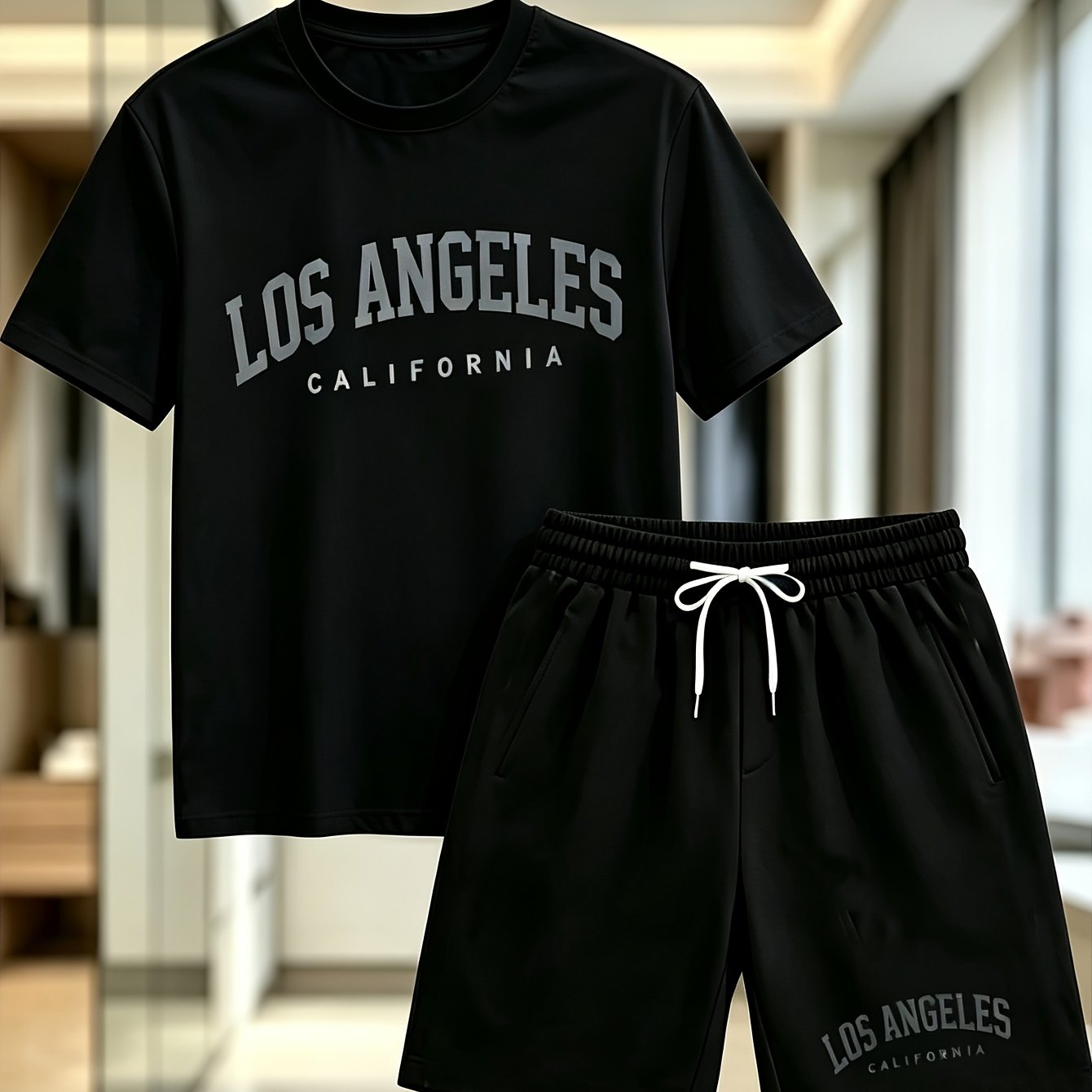 TEMU Costume de mode pour homme, style décontracté et polyvalent [Imprimé LOS ANGELES] Ensemble short et haut à manches courtes pour homme, vêtement