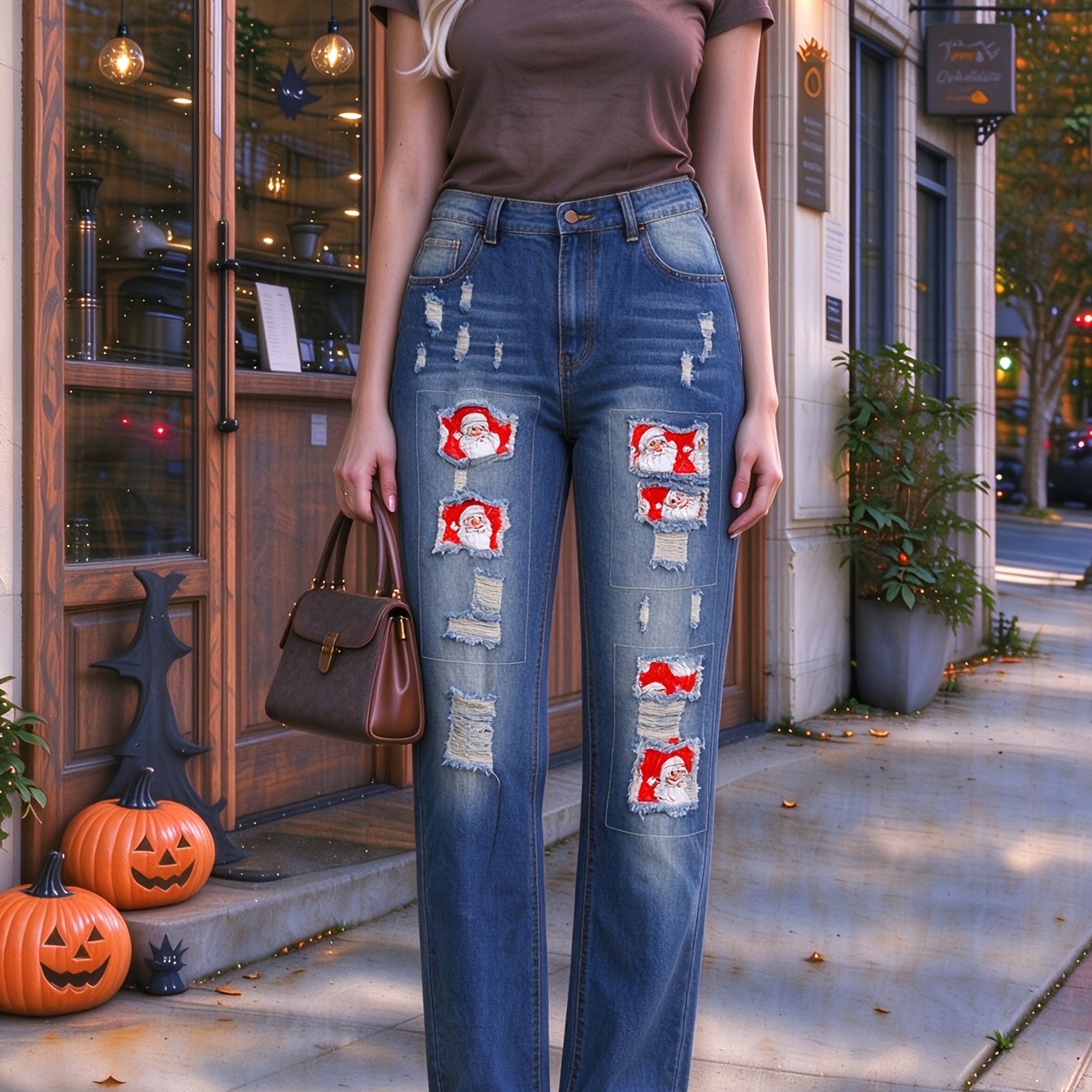 TEMU Women's Jeans Street Ripped Christmas Santa Claus Printed Patch Straight Trousers