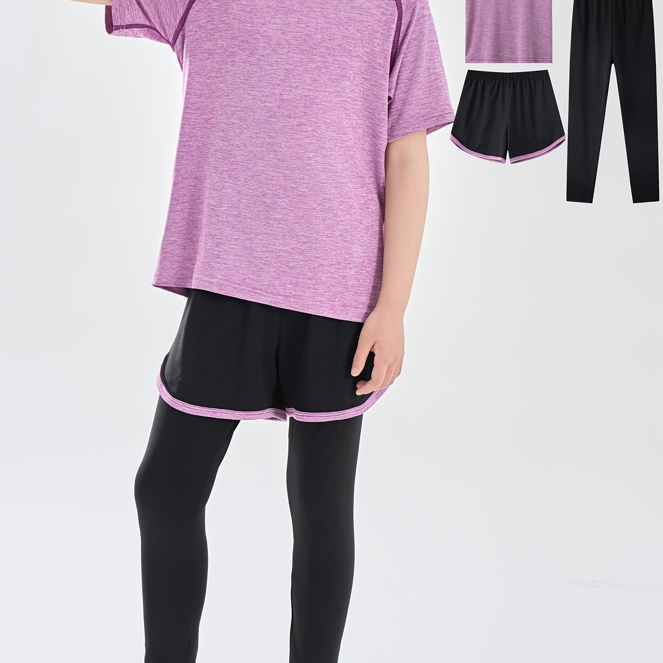 E-shop 3-teiliges Sportoutfit für Mädchen, Sommer, Mädchen Sport Kurzarm-Oberteil, Shorts und Leggings, 3-teiliges Mädchen Freizeit Schnelltrocknendes