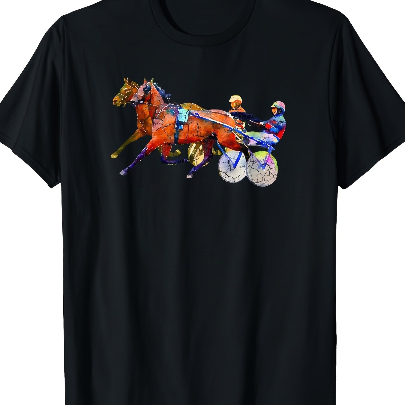 TEMU Men's Heavy-weiht 1sm Horse Racin T-shirt, Black Equestrian Crew Neck Shirt, Featurin And Horse , Breathable And Slihtly Stretchy, Machine