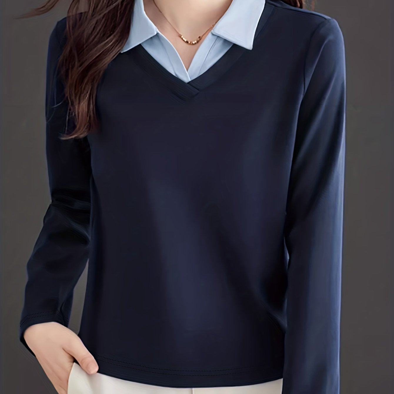 TEMU Spring/autumn Women's Fashion Commuter Style Two-piece Lapel Long Sleeve Casual Top