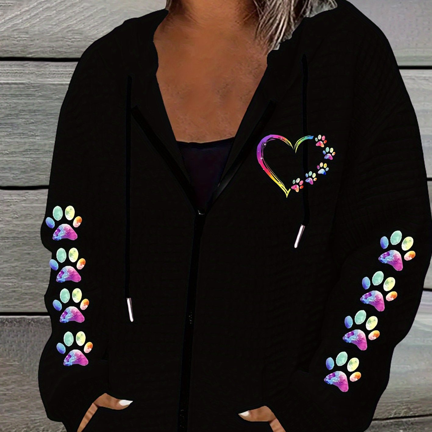 TEMU Colorful Heart And Paw Print, Women's Casual Waffle Zipper Hooded Jacket With Drawstring - Fiber, Machine Washable, Geometric Pattern