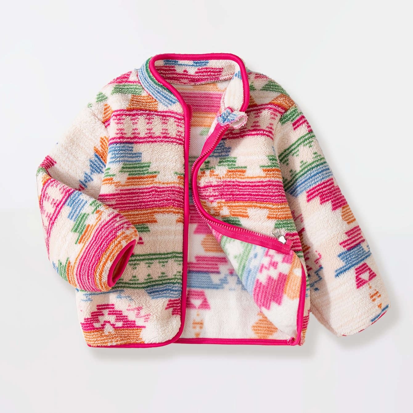 Image of Girls' Striped Fleece Zip-up Jacket With Small Collar, Knitted Cardigan, Autumn And Winter Bohemian Style Jacket