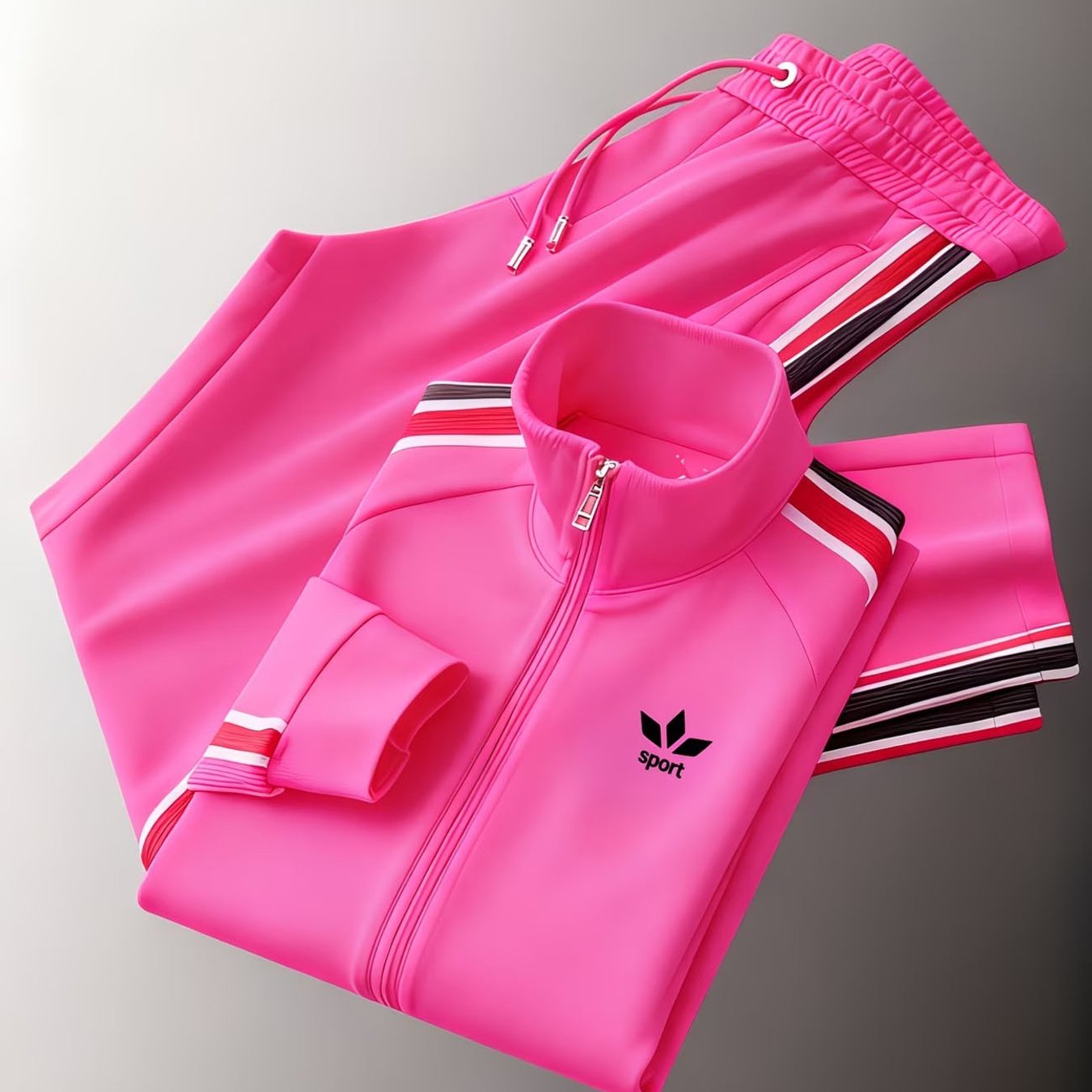 Women's Sporty Outfit Featuring A Tracksuit With A Zip-up Jacket, Stand Collar, And Drawstring Waist Pants, Designed For Casual Wear With Trendy Striped Details