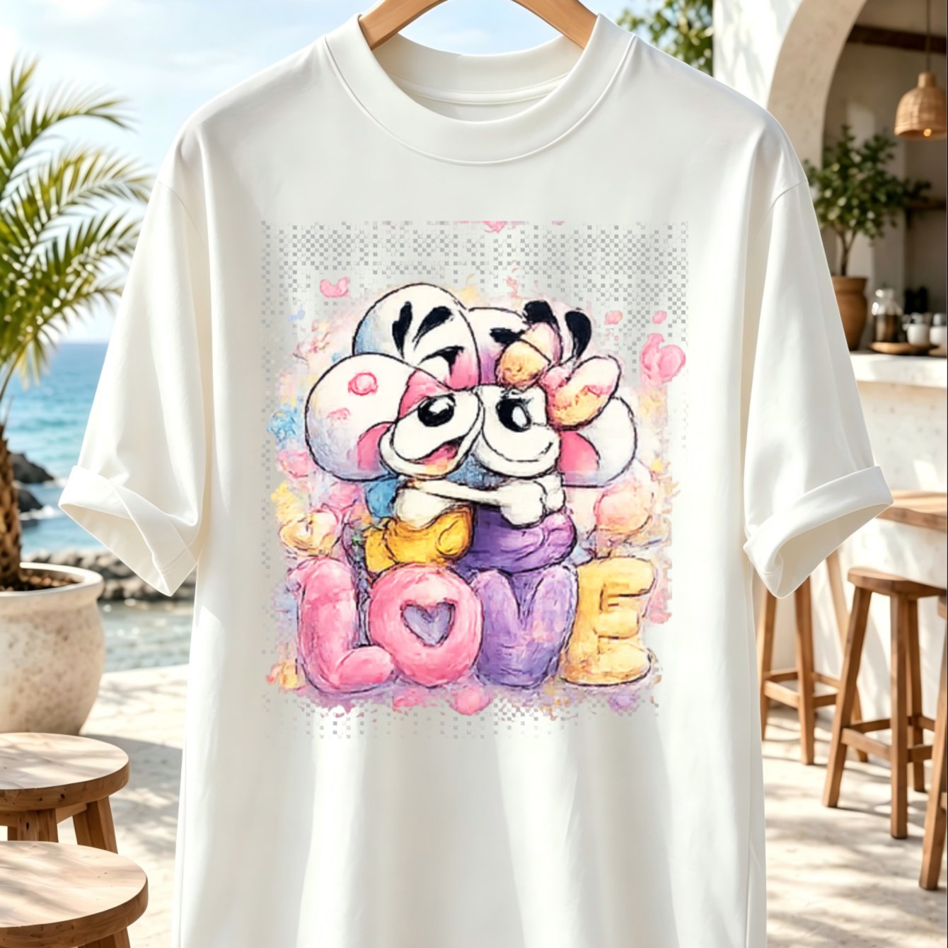 Mouse Couple Love T-shirt Cute Cartoon Mice Hugging Above Letters Pastel Watercolor Hearts Sweet Romantic Kawaii Style Unisex All T-shirt