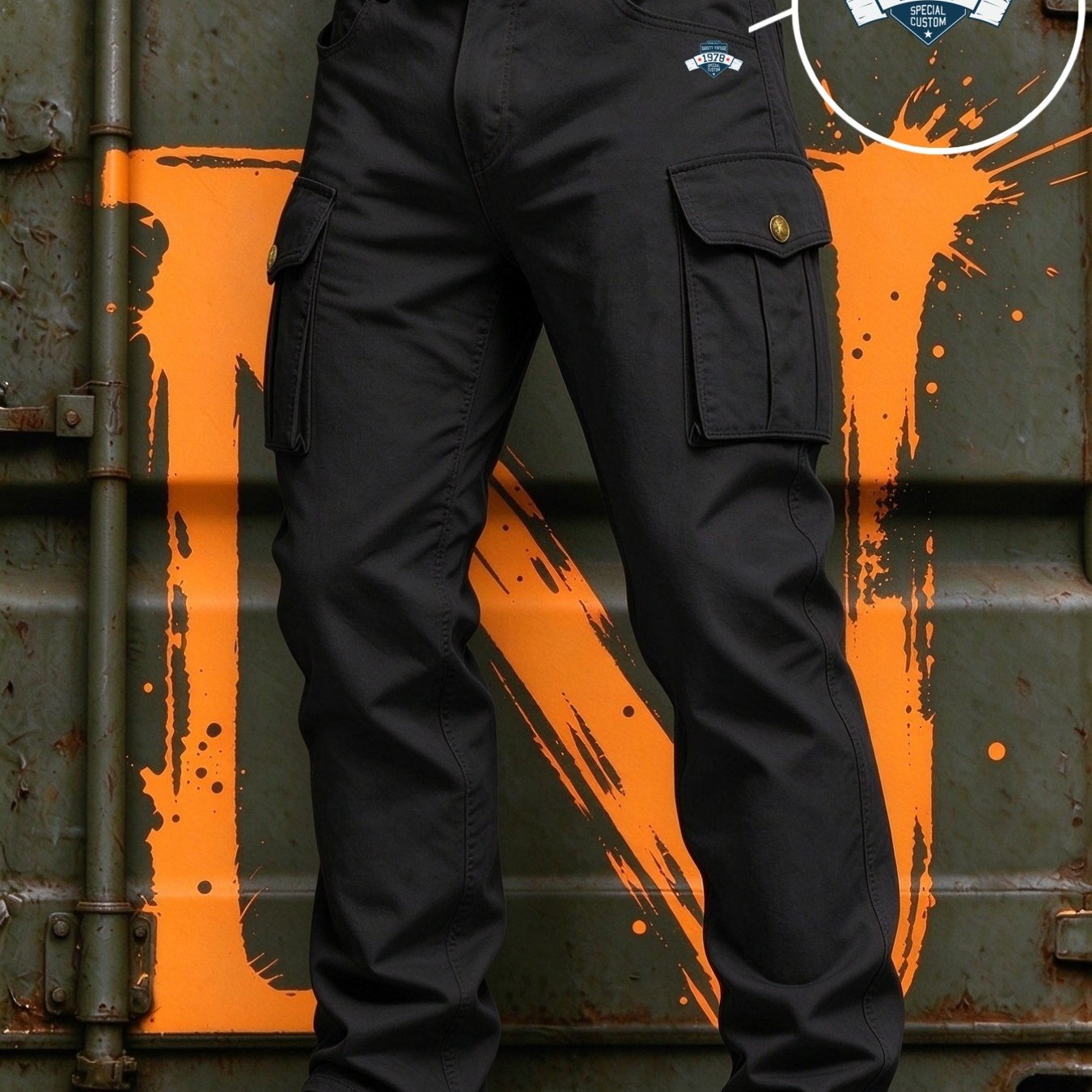 Image of Outdoor Hiking Men Black Cargo Trousers, Multi-flap Side Pockets, Wear-resistant Straight Leg Heavy-duty Tactical Work Pants