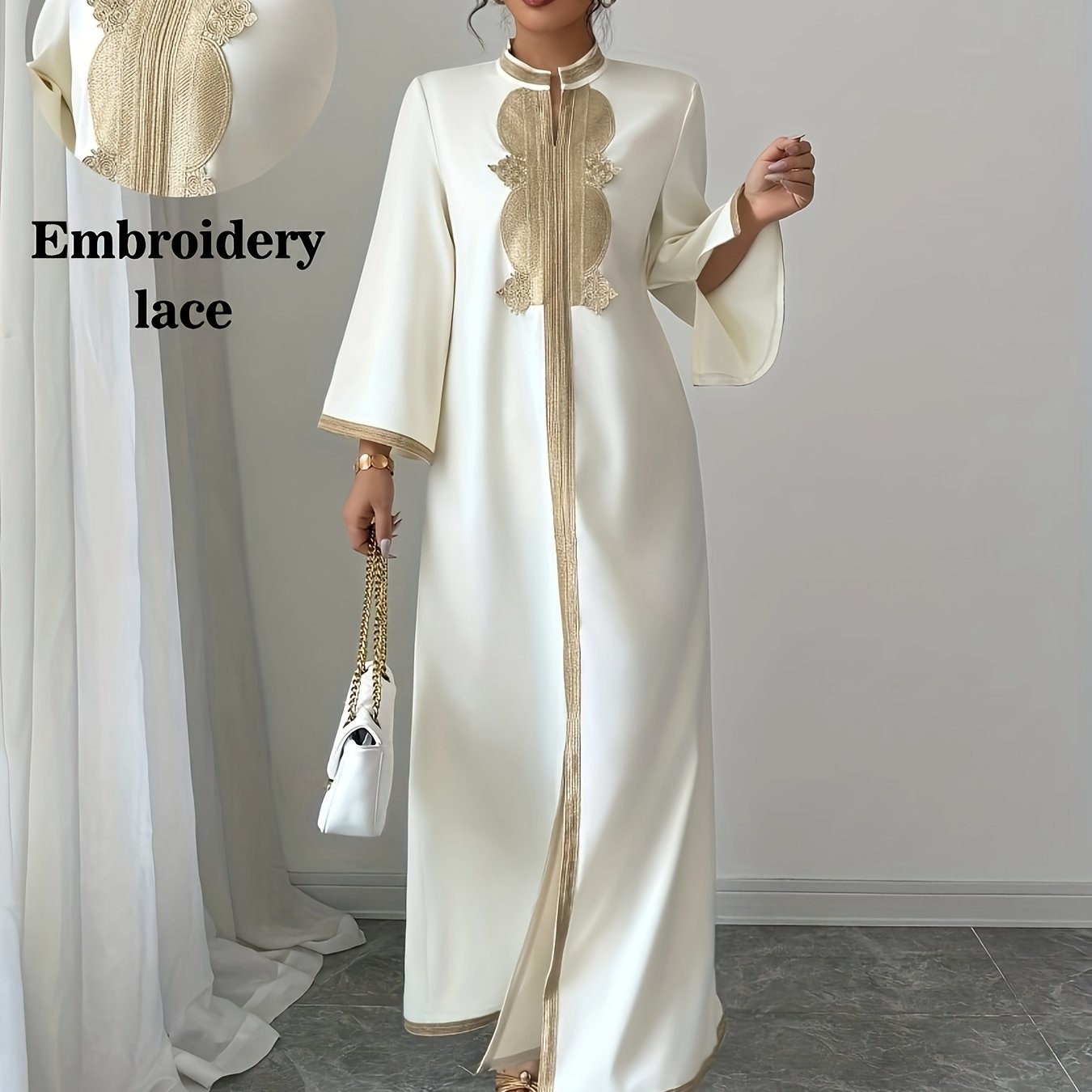 Solid Color Middle Eastern Women's Autumn/winter Style Embroidered Lace Long Sleeve Elegant Dress