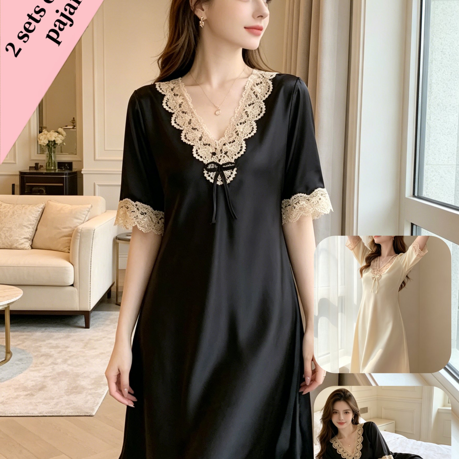 Image of 2 Sets Luxury Elegant Pullover Pajamas, Smooth Short Sleeve Loose Comfortable Women Loungewear