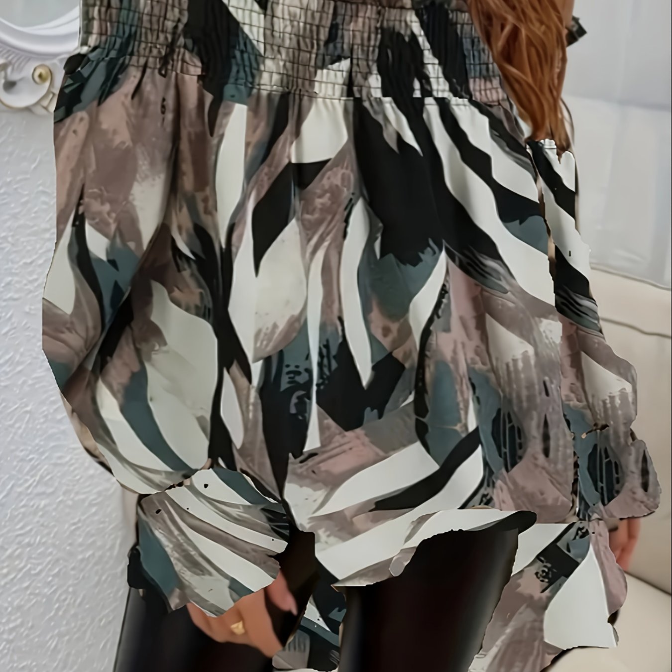 E-shop Elegante Leopard-Print Schulterfreie Bluse mit Asymmetrischem Saum - Langarm, Nicht Dehnbarer Polyester-Mix für Damen