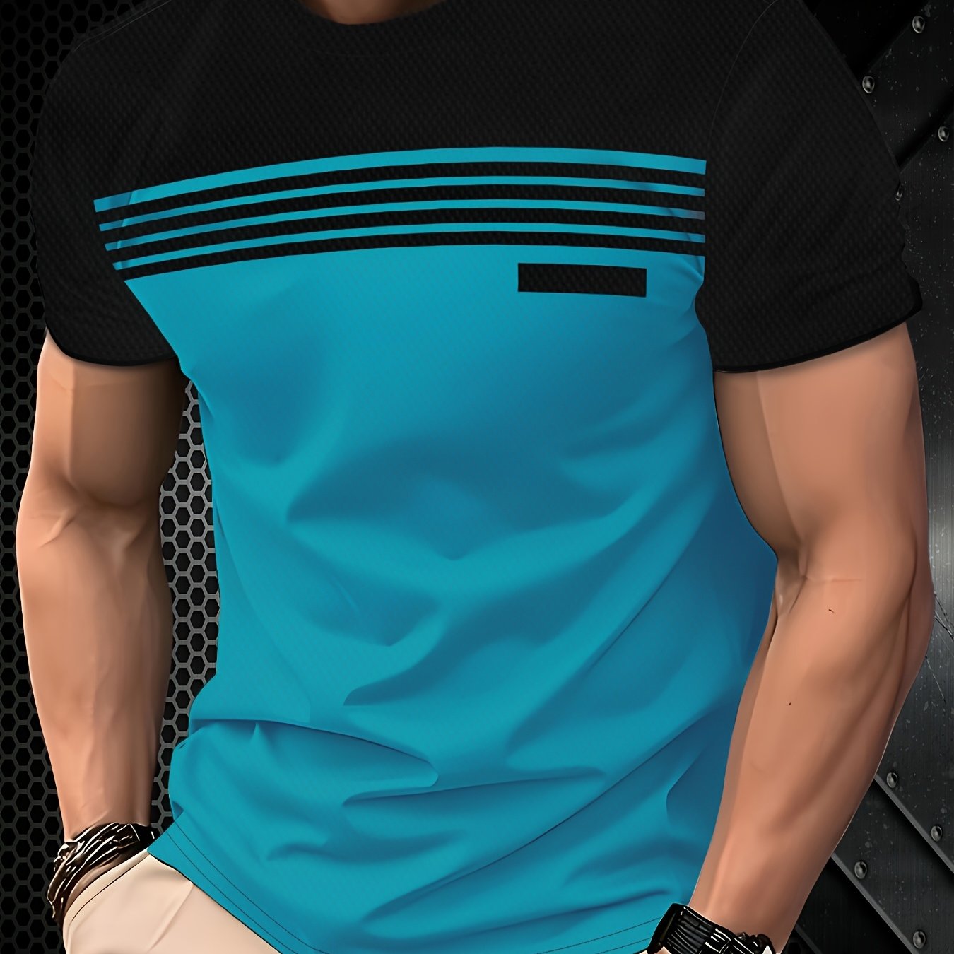 TEMU Men's Fashion Casual T-shirt - 100% Polyester, Round Neck Short Sleeve, Machine Washable, Style, Casual Wear | Round Neck Tee | Smooth Texture