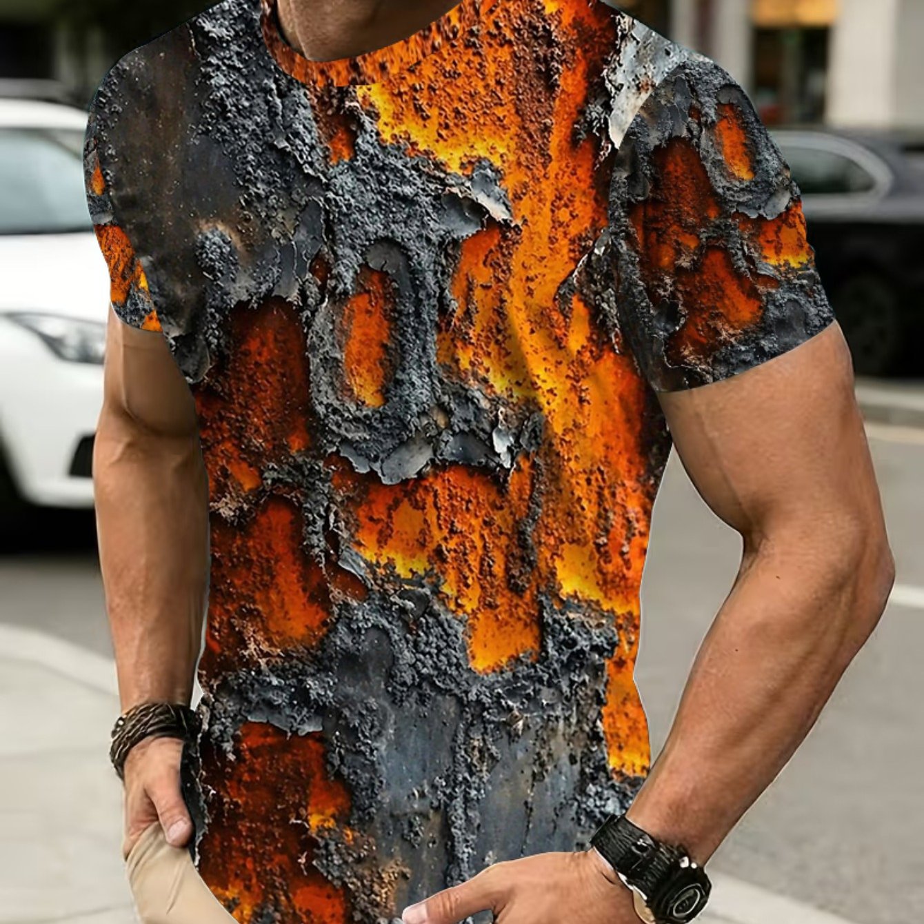 TEMU 1pc Men's Vintage Rust T-shirt - Fatigue Print Breathable Short Sleeve Round Neck Loose Fit Streetwear Top, Suitable For Casual Wear,