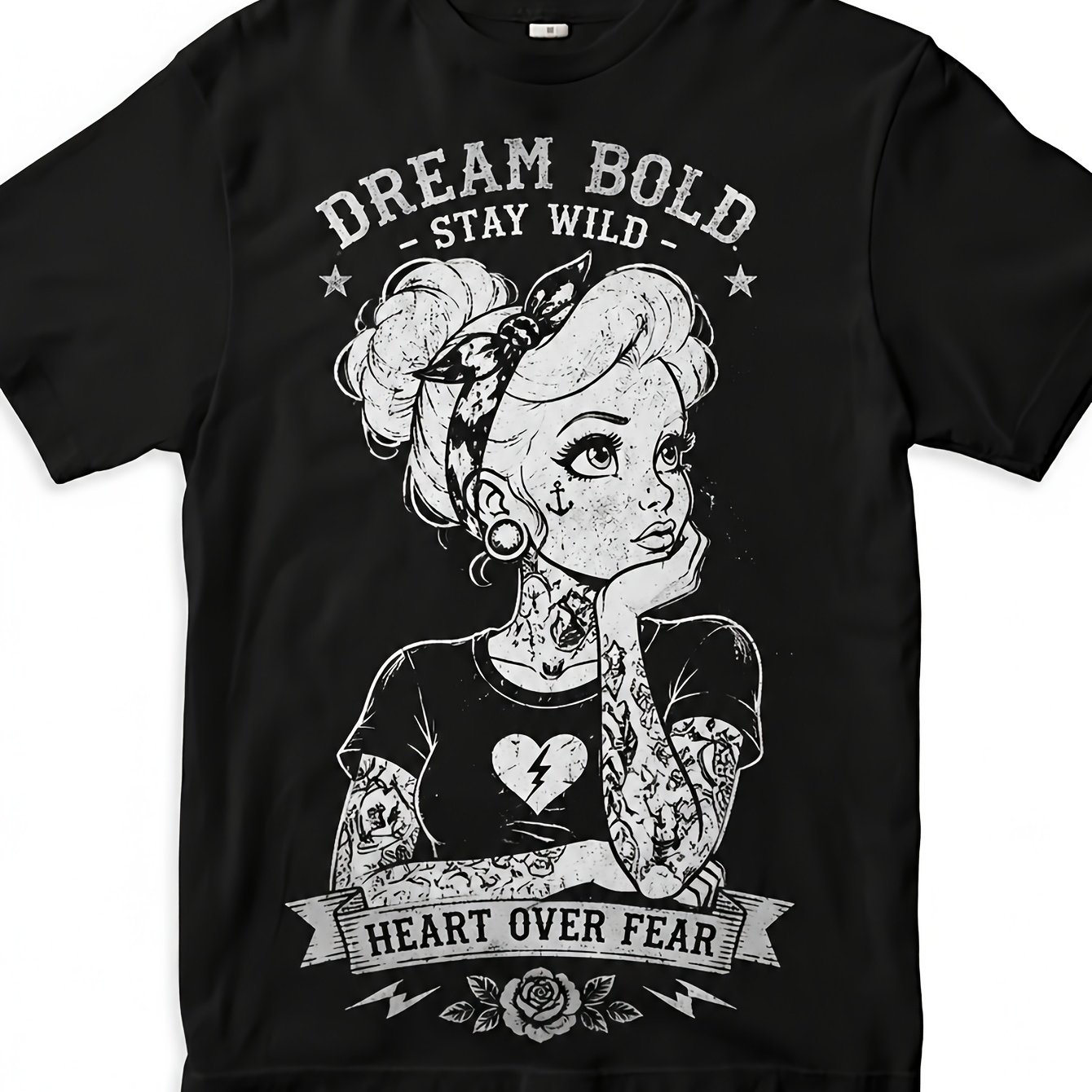 Men's Vintage Graphic T-shirt, Retro Girl Tattoo Print With Dream Heart Over Fear , Crew Neck, Casual Wear, Ideal For Daily Wear And Streetwear Outfits