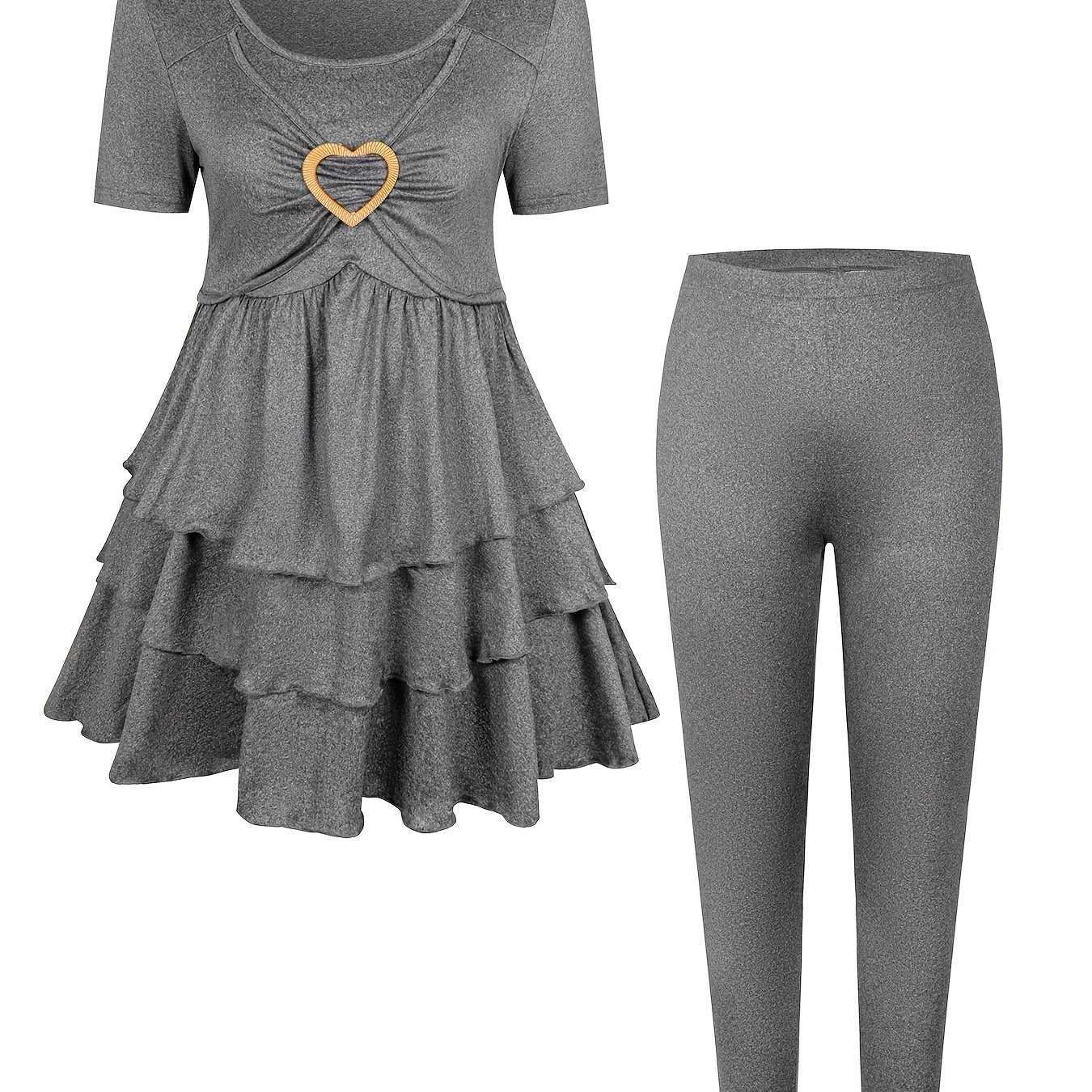 Plus Size Women's Round Neck Short Sleeve Layered Top And Pants Set