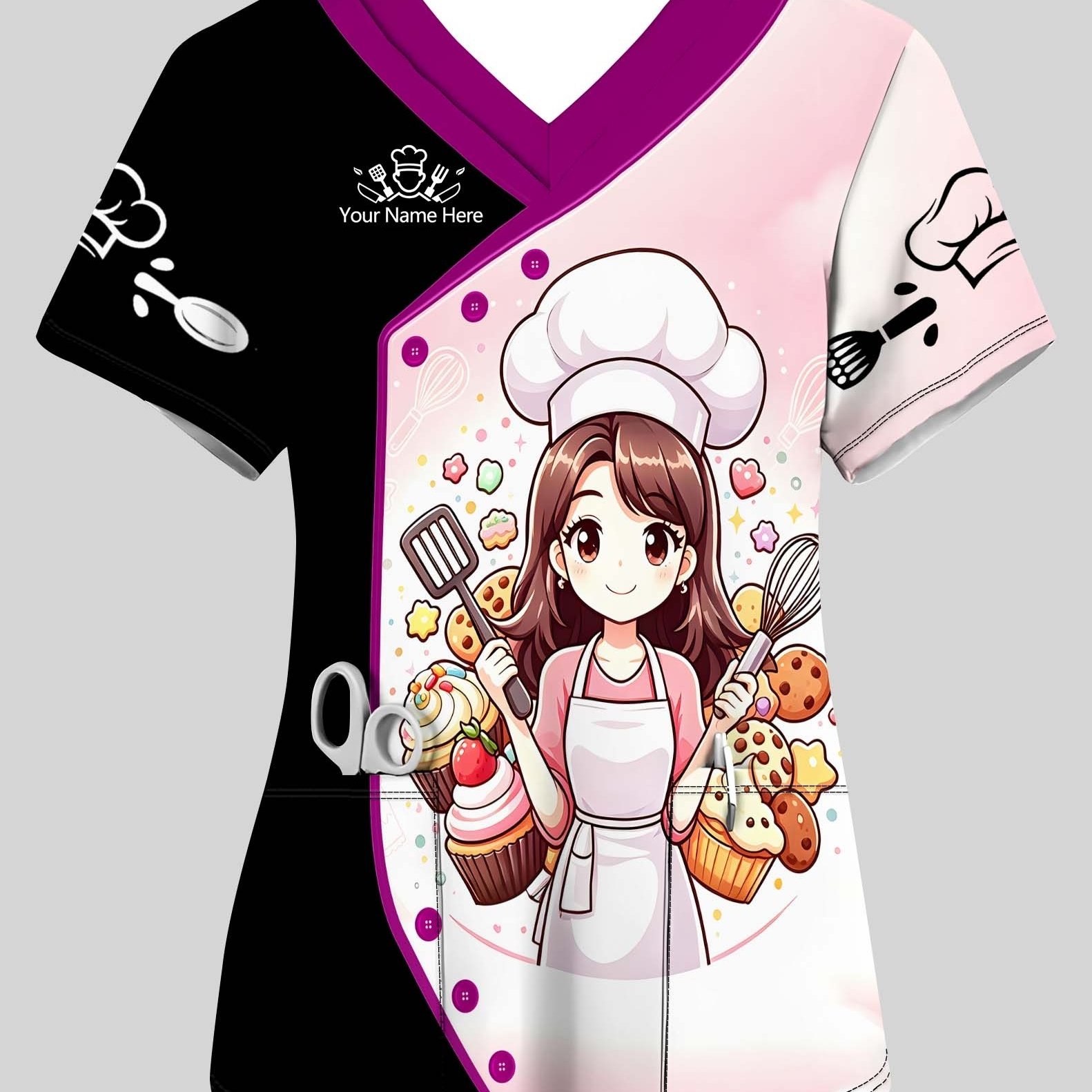TEMU Personalized Custom Name/text Women's V-neck T-shirt - Suitable For , Baking-themed Workwear With Cupcake Print, Machine Washable Short Sleeve