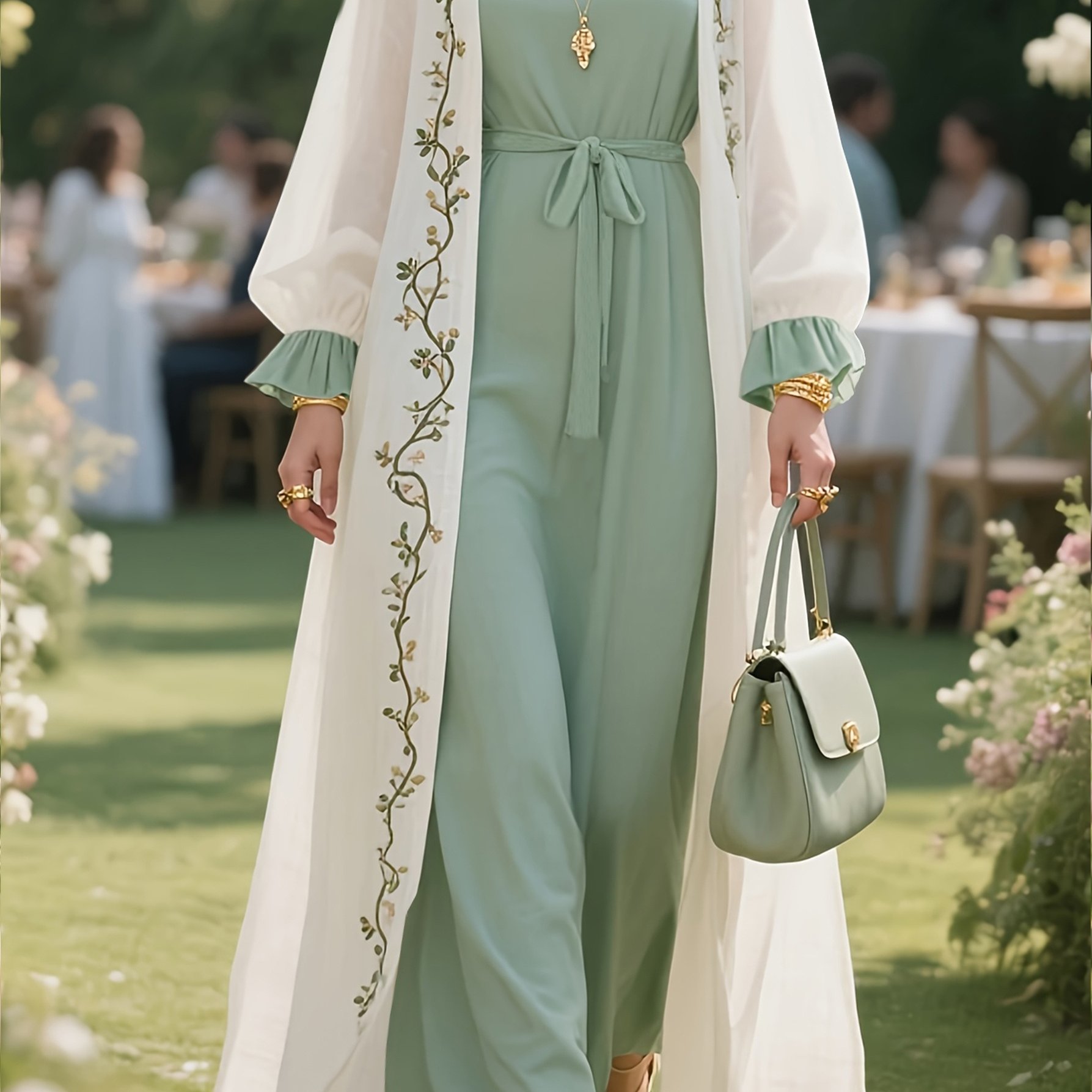 E-shop [Größe für Passform] Blumenmuster Abaya Tie Up Maxikleider 2er Set - Grün, Arabische Kleidung