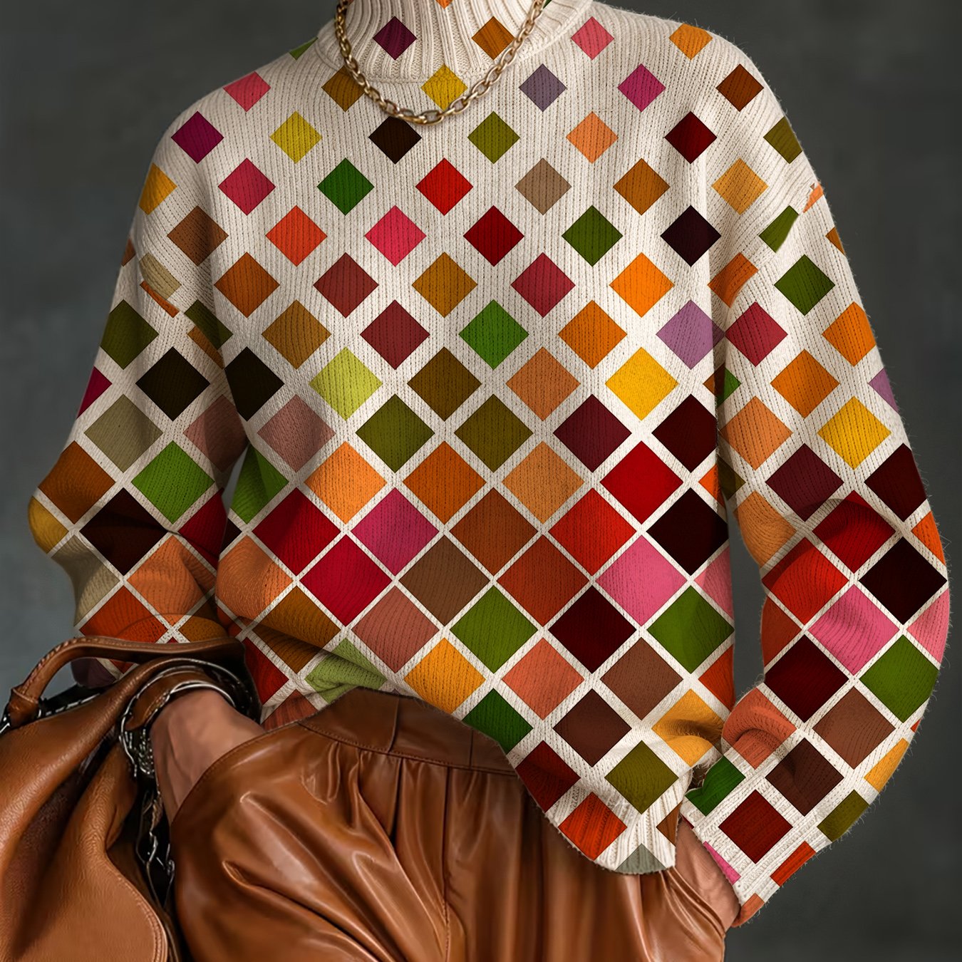 TEMU [2d Digital Printing] Trendy Women's Colorful Gradient Geometric Pattern Print Sweater, Autumn/winter Chimney Neck Warm Long-sleeve Sweater,
