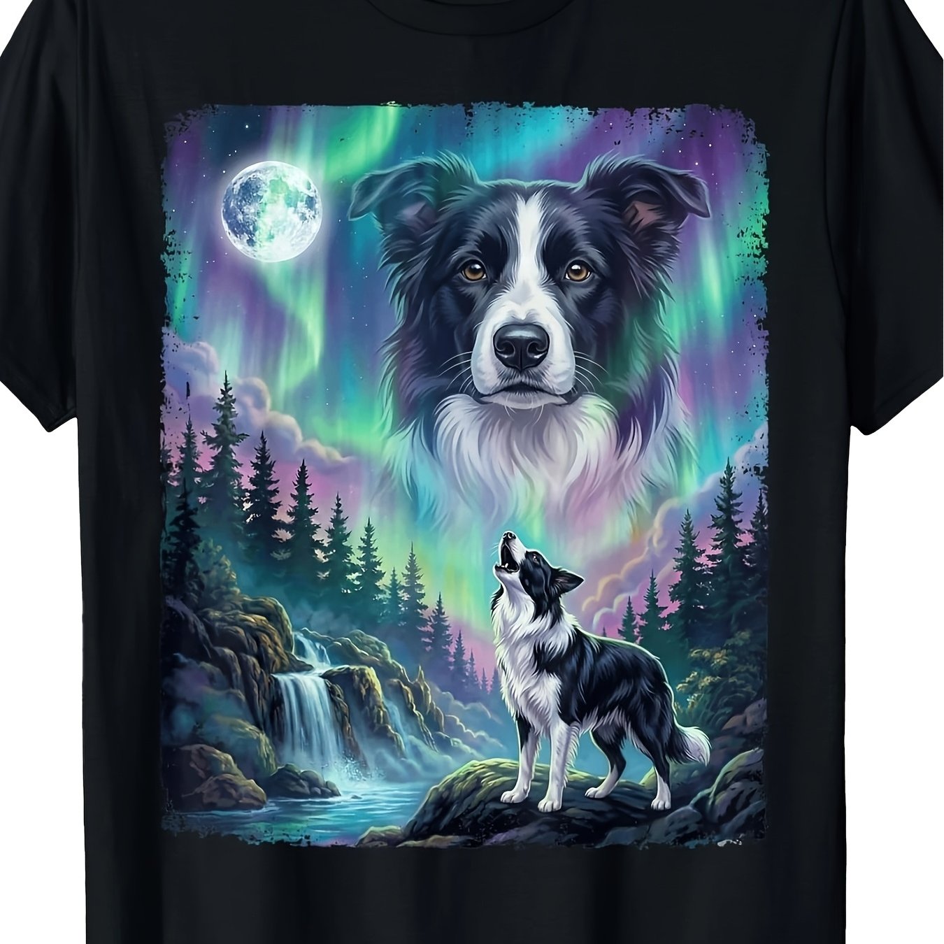 TEMU Border Collie Dog Northern Lights Moon Forest S-4xl Picture 1 Of 7-unisex Holiday Gift Casual Outing 2026 New Style T-shirt 180g