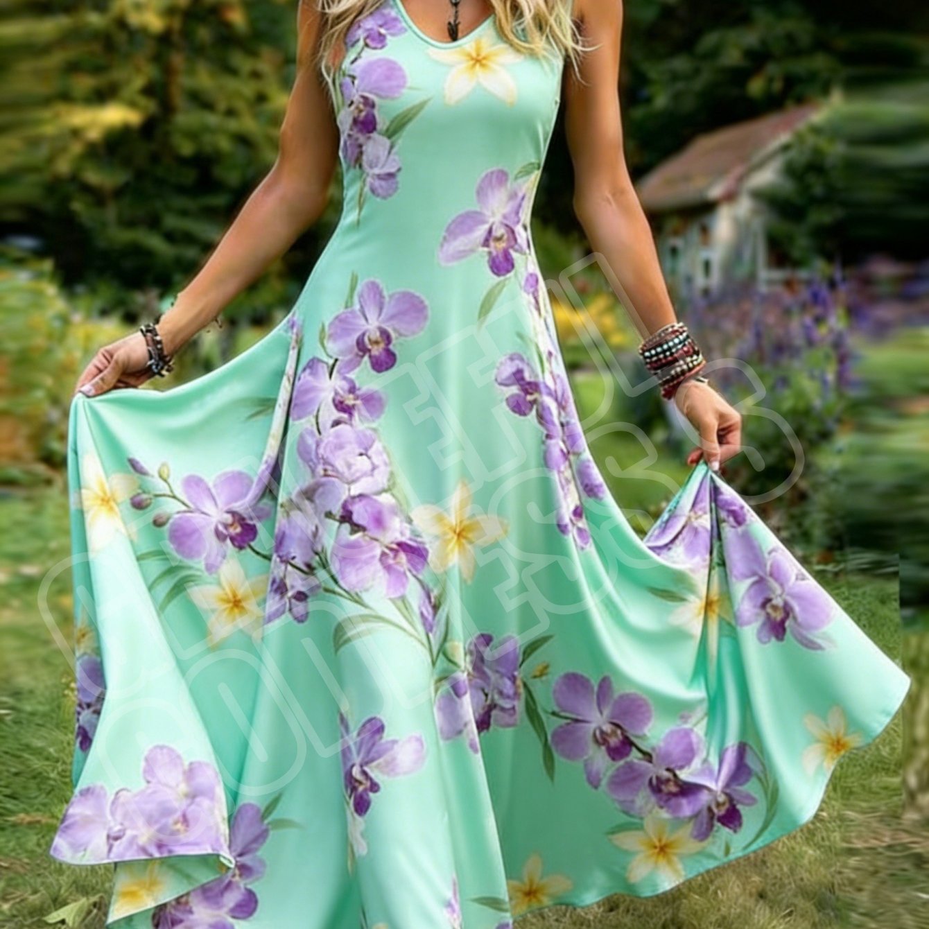 Image of Women's Pastoral Maxi Skirt Dress, Retro-style Sleeveless V-neck Floral Print A-line, Machine Washable, Ideal For Spicy Style Date
