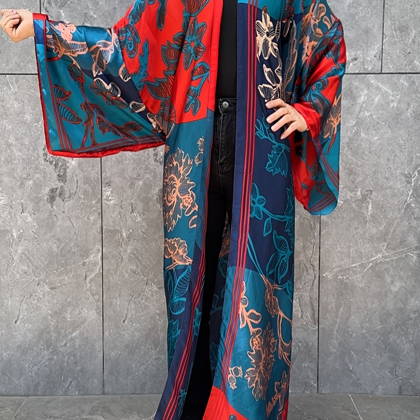 TEMU Plus Size, 2026 New Plus-size Cardigan Beach Skirt Polyester Fiber Spring, Summer, Autumn Middle East Robe Loose Long-sleeved Dress Bohemian