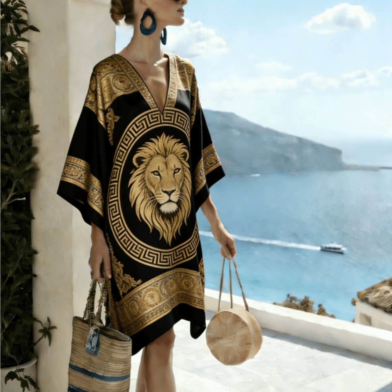 Image of Plus Size, Plus Size Ladies Print Kaftan Dress - Bohemian Beach Blouse With Greek Pattern, Perfect For Holiday Wear