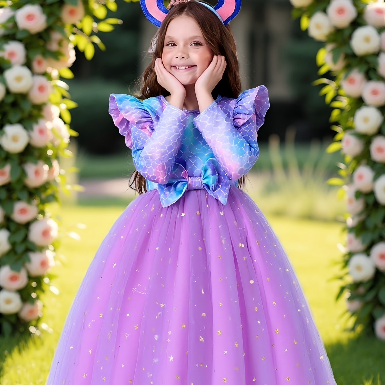 New Ss26 Fashion Soft Summer Dress With Flutter Sleeves, Elegant Mermaid Print Formal Gown 2-7, Tulle + Bow Waist Decoration, Elegant And A-line Dress With Star Sequin Mesh, Easter Dress