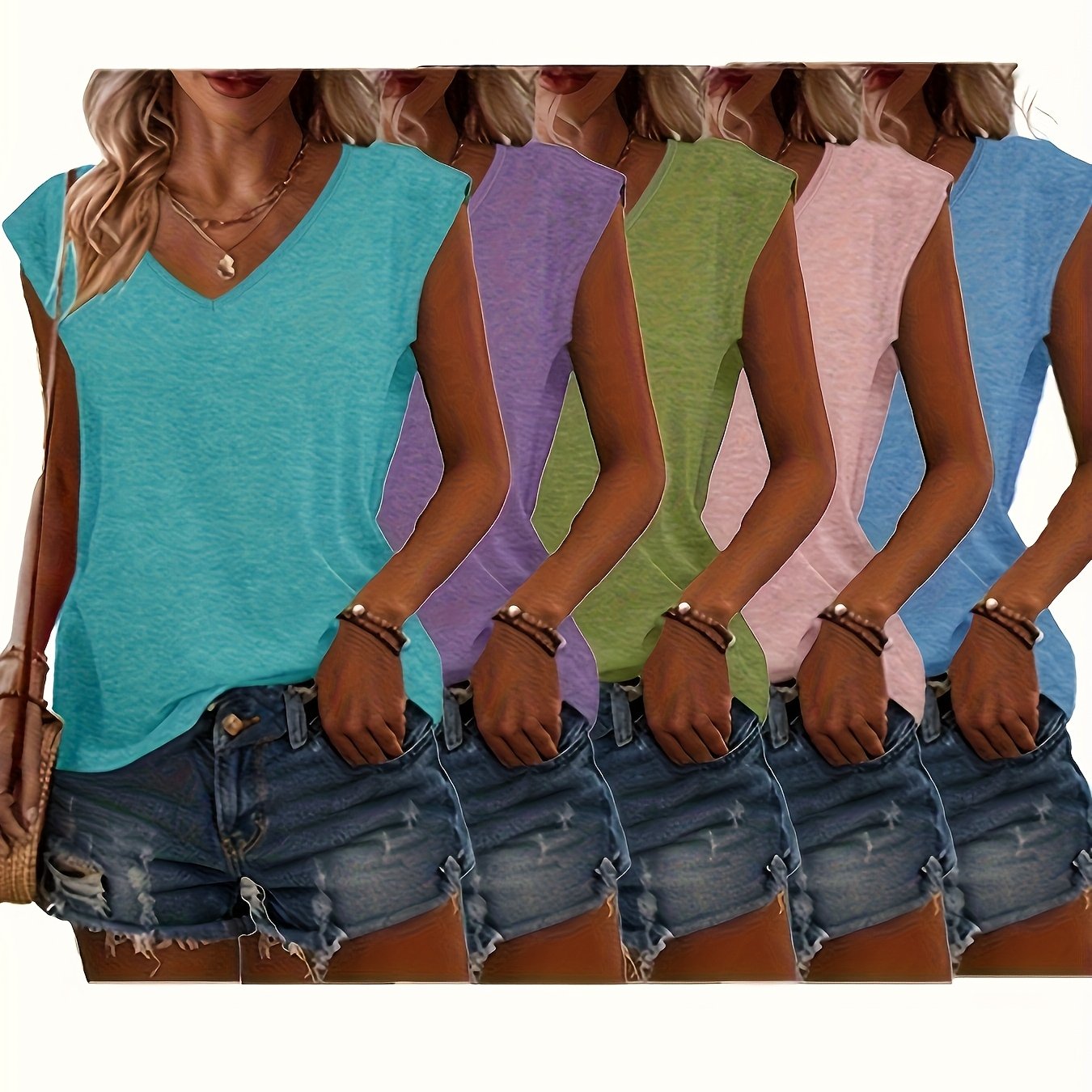Plus Size - 5pcs Solid Color V-neck Short Sleeves, Spring Summer New Women's Clothing, Casual V-neck Loose Top, Spring Summer Base Layer T-shirt - For Daily/, Machine Washable