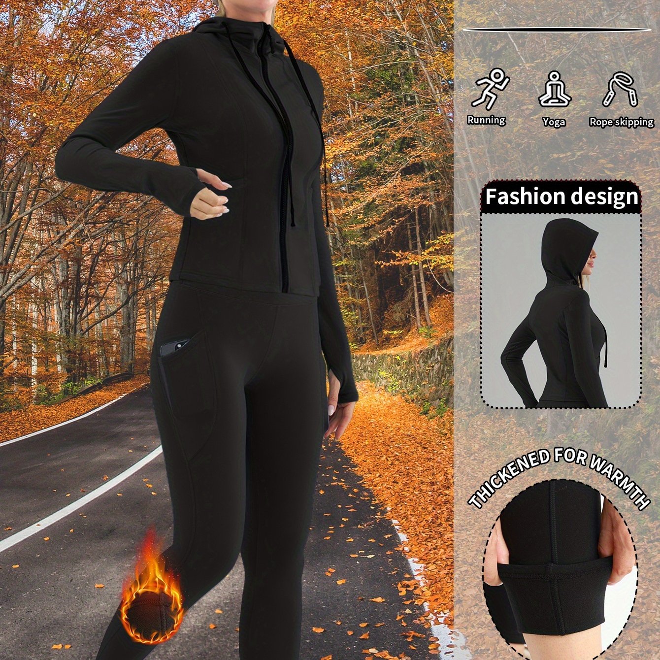TEMU Conjunto de Sudadera con Capucha para Mujer de Invierno, Forro , Elasticidad, Control de Abdomen, Forro , Conjunto para Fitness y Running