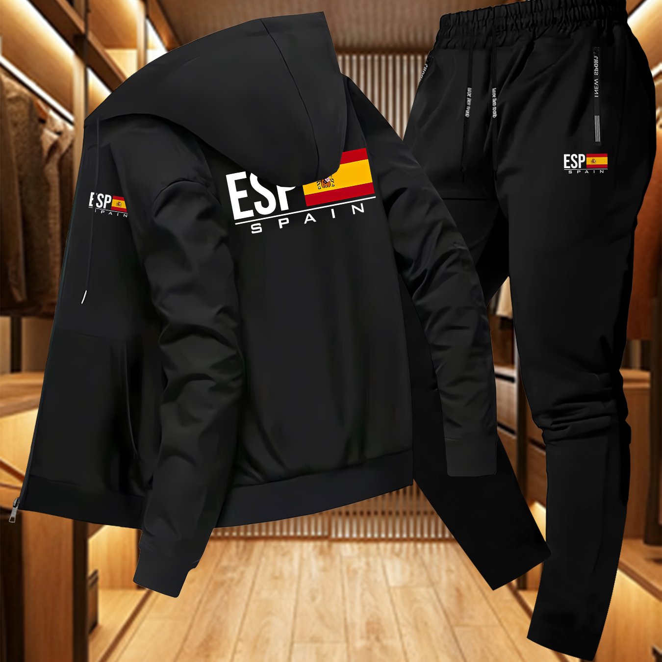 TEMU Conjunto deportivo de 2 piezas para hombre de otoño/invierno, chaqueta con capucha y pantalones , estampado de española, diseño juvenil de