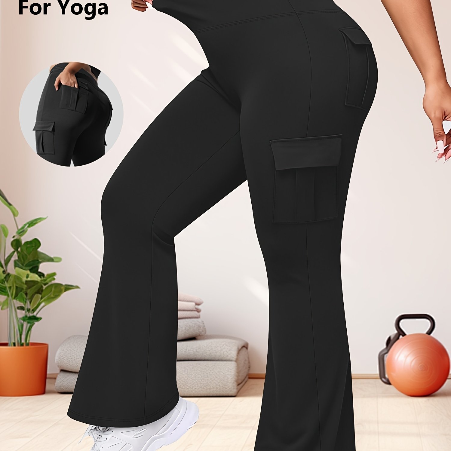 TEMU Plus Size, Plus-size Women's High-waist Cargo Pants With Back Patch Pockets, Outdoor Workout Wide-leg Pants, Flared Pants, 4-, Casual And Style,