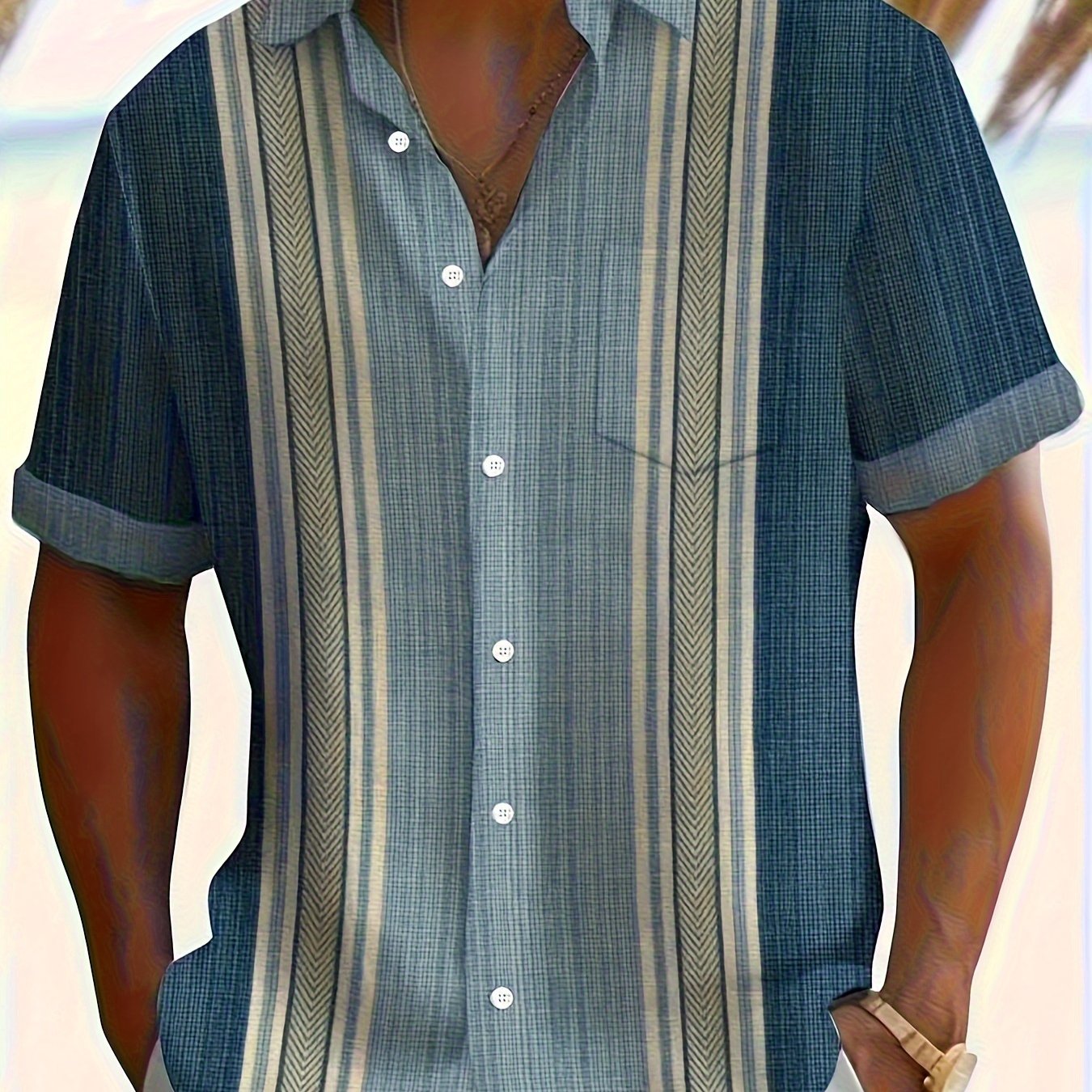 TEMU Men's Striped Short Sleeve Collared Shirt, Casual Button-up Top, Suitable For Summer Daily Wear And Vacation Destinations