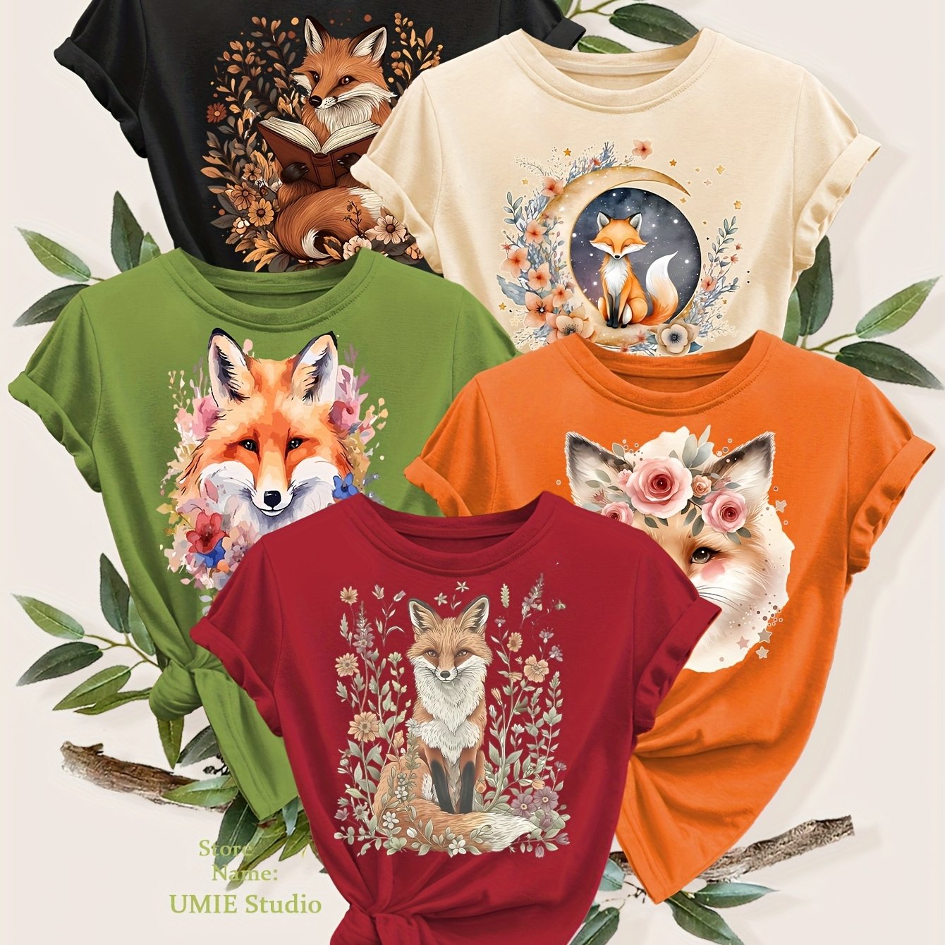 TEMU A Set Of 's Short-sleeve T-shirts Featuring Elegant Floral And Fox Prints, Suitable For Spring, Summer, And Autumn. Stylish Tops Are Perfect For