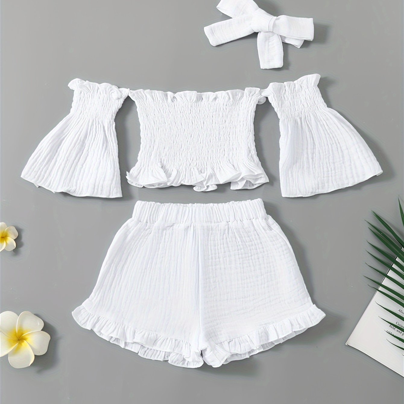 Image of 3pcs Off Shoulder Top & Hot Shorts Shorts & Headband Suit Gift, Outdoor Casual Wear, For Outdoor