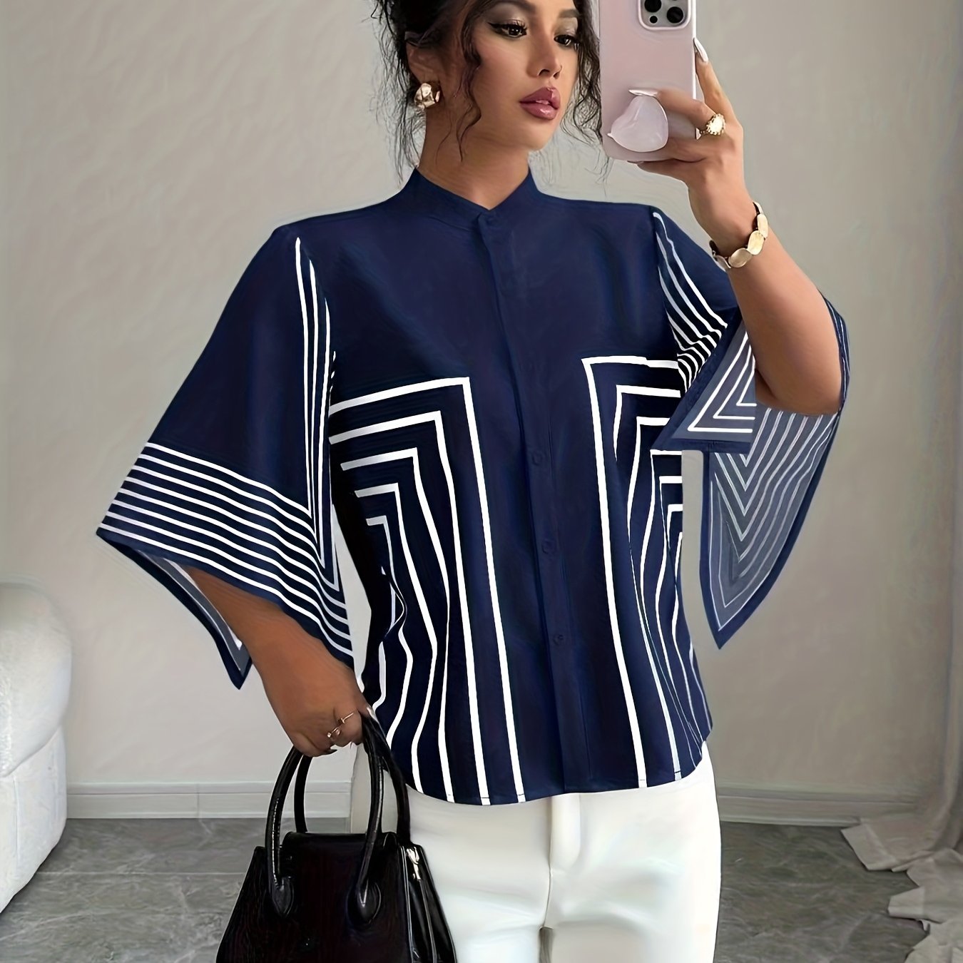 TEMU "women's Navy Blue Geometric Print Shirt, Batwing Sleeve & Collar"