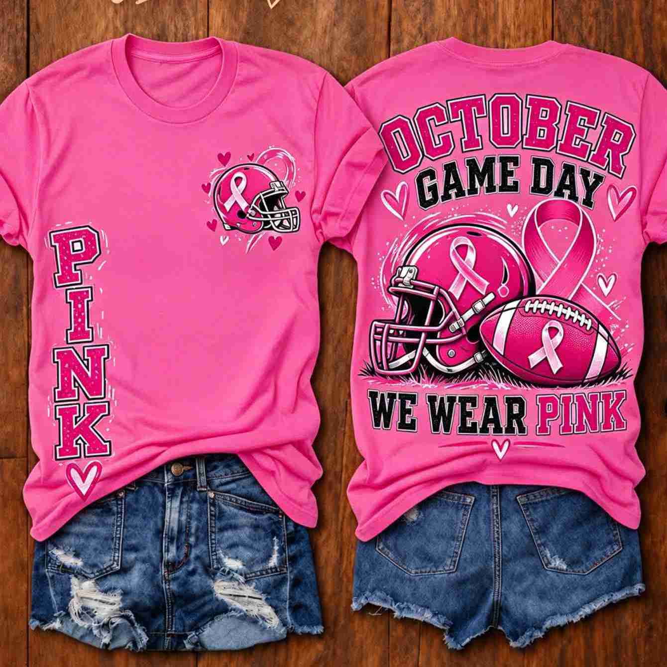 TEMU Women's Autumn Casual Loose Fit Short Sleeve Crew Neck T-shirt With Pink Football Helmet And Pink For October Game Day Top